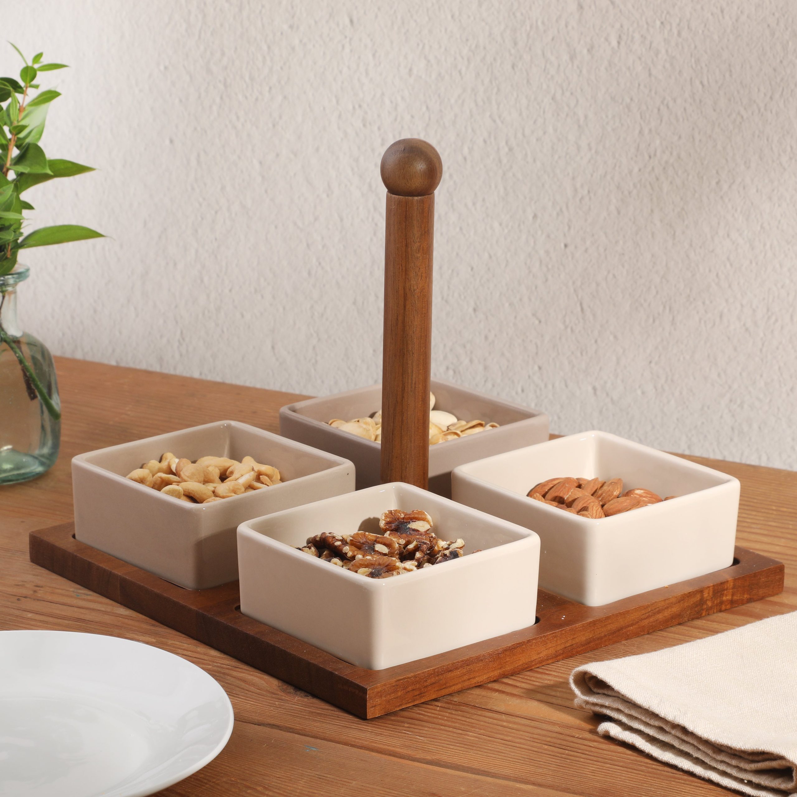 Gibson Elite 4-Piece Stoneware Tidbit, Condiment & Dip Dish Set with Acacia Wood Tray – Taupe Square Appetizer, Snack, Topping & Entertaining Server - Image 2