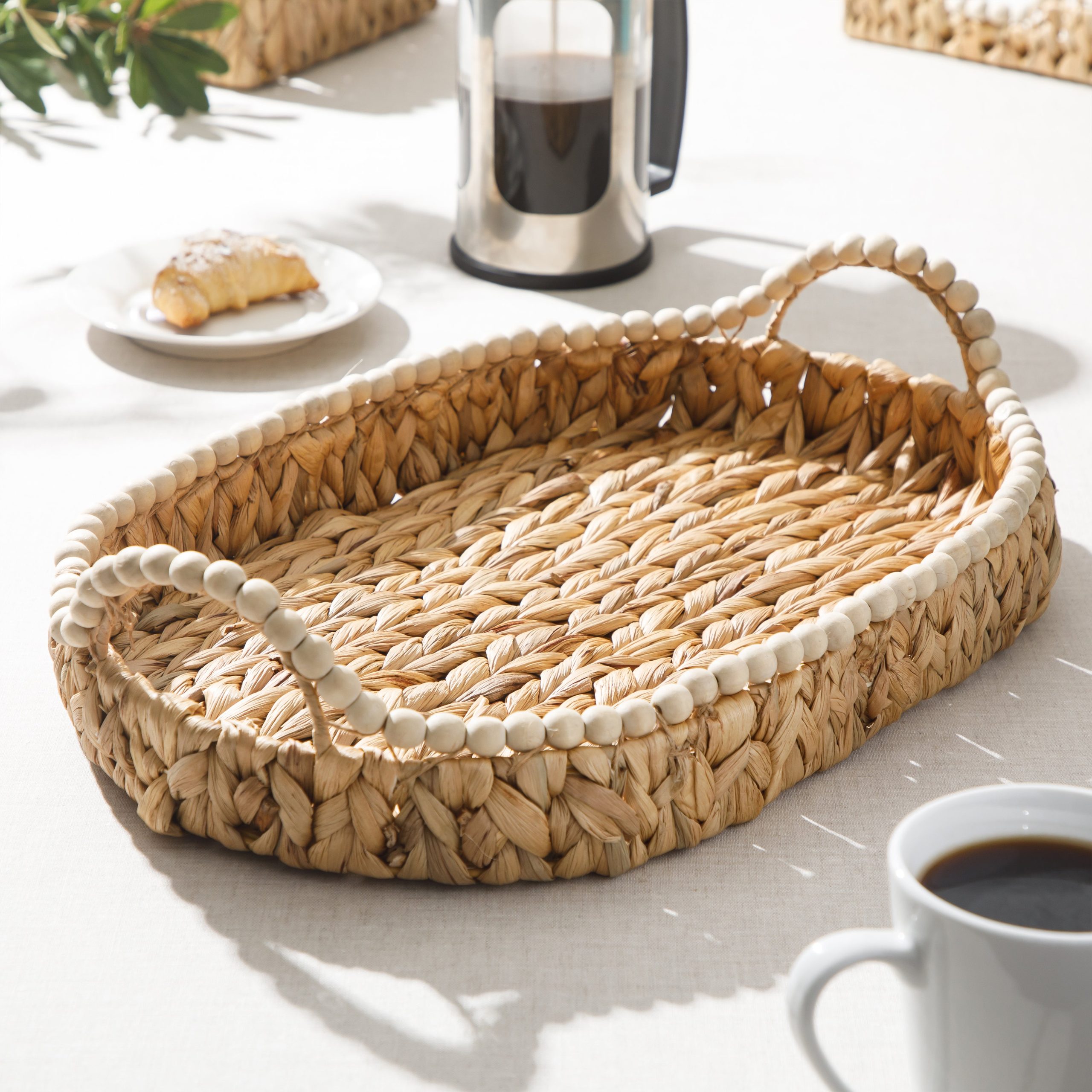 Gibson Home Riverrun Grove 17" Woven Decorative Serving Tray – Large Natural Water Hyacinth Basket w/ Wood-Bead Trim & Handles for Coffee Table Décor, Ottomans, Centerpieces & Kitchen Counter Display - Image 3