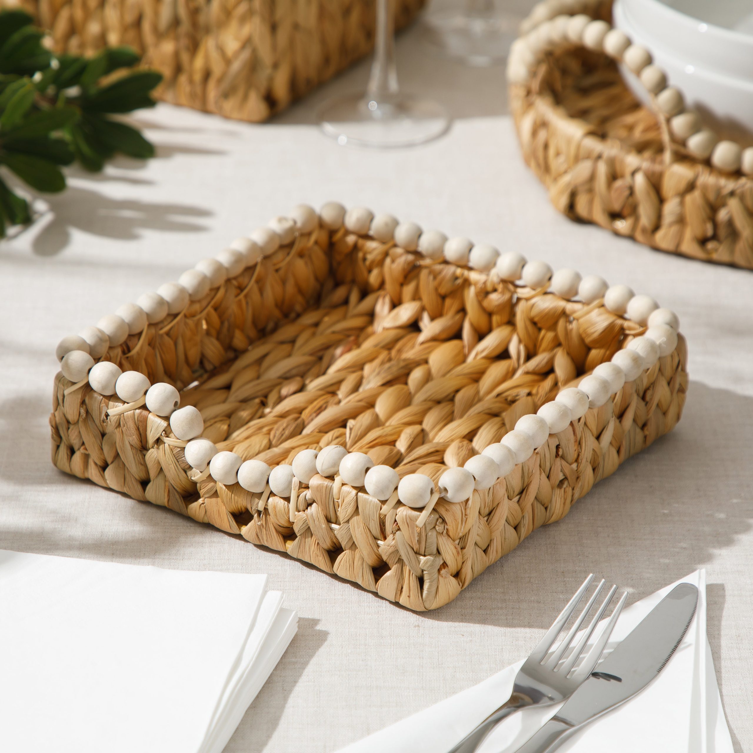 Gibson Home Riverrun Grove Woven Decorative Napkin Holder Tray – Natural Water Hyacinth Square Basket with Wood-Bead Trim for Napkins, Keys, Mail, Coffee Table Décor & Kitchen Counter Storage - Image 3