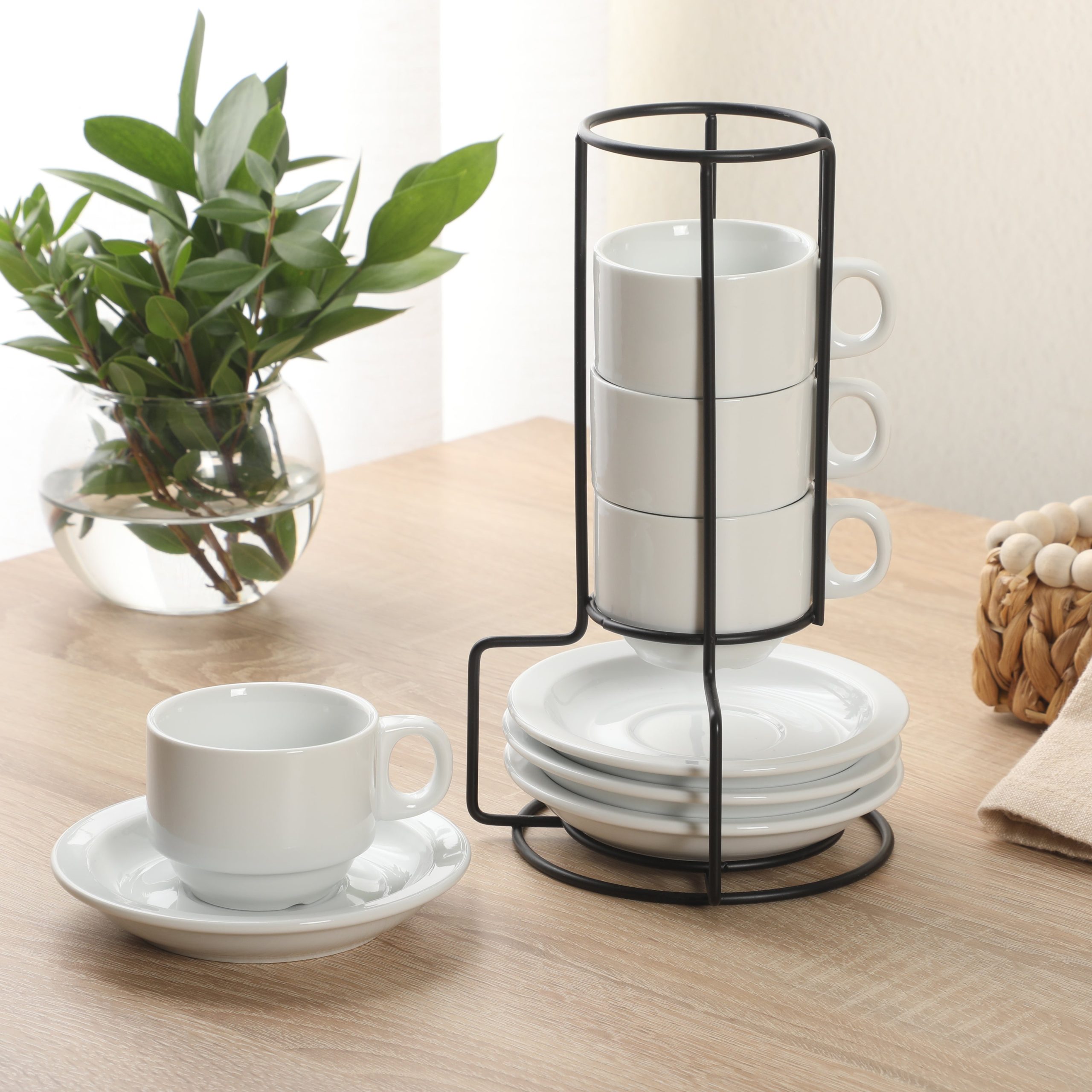 Gibson Home Gracious Dining 3-Ounce Espresso Cups Set of 4, Small Stackable Coffee Cups with 4 Saucers, Metal Stand, Ceramic Demitasse Mugs, Espresso Accessories for Machine - Image 3