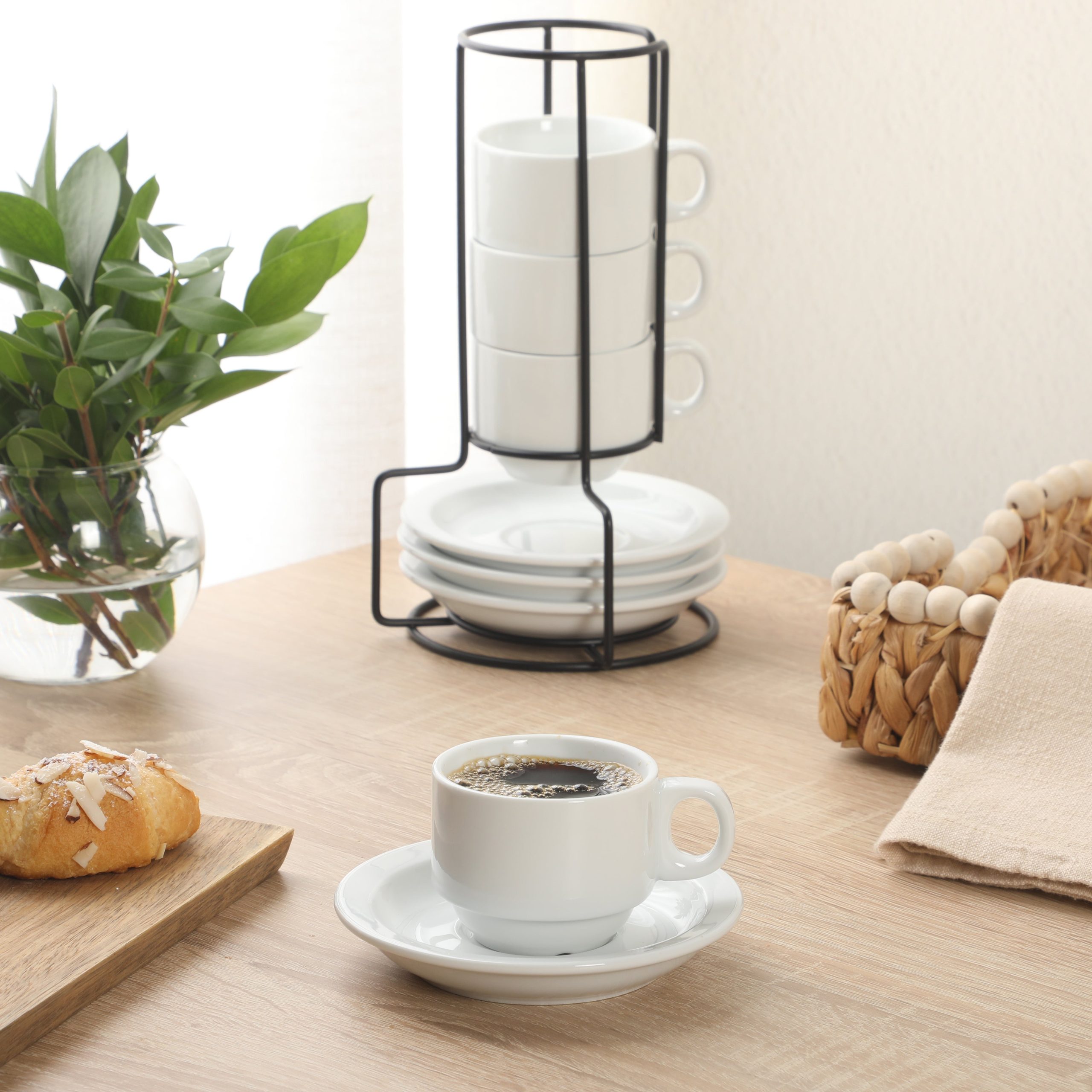 Gibson Home Gracious Dining 3-Ounce Espresso Cups Set of 4, Small Stackable Coffee Cups with 4 Saucers, Metal Stand, Ceramic Demitasse Mugs, Espresso Accessories for Machine - Image 4