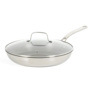 Martha Stewart Badgley Hybrid Nonstick 12 Inch TriPly Stainless Steel Large Fry Pan With Lid & Stay Cool Handle - Laser Etched Non-Toxic Nonstick Skillet - Dishwasher and Induction Safe