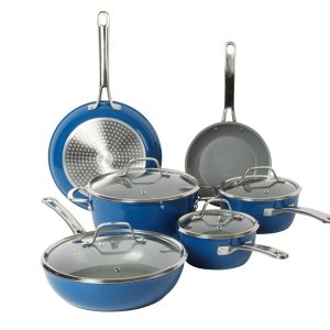 Sur La Table Kitchen Essentials 10-Piece PFA Free Titanium Ceramic Nonstick Interior Forged Aluminum Cookware Pots and Pans Set - Induction Compatible