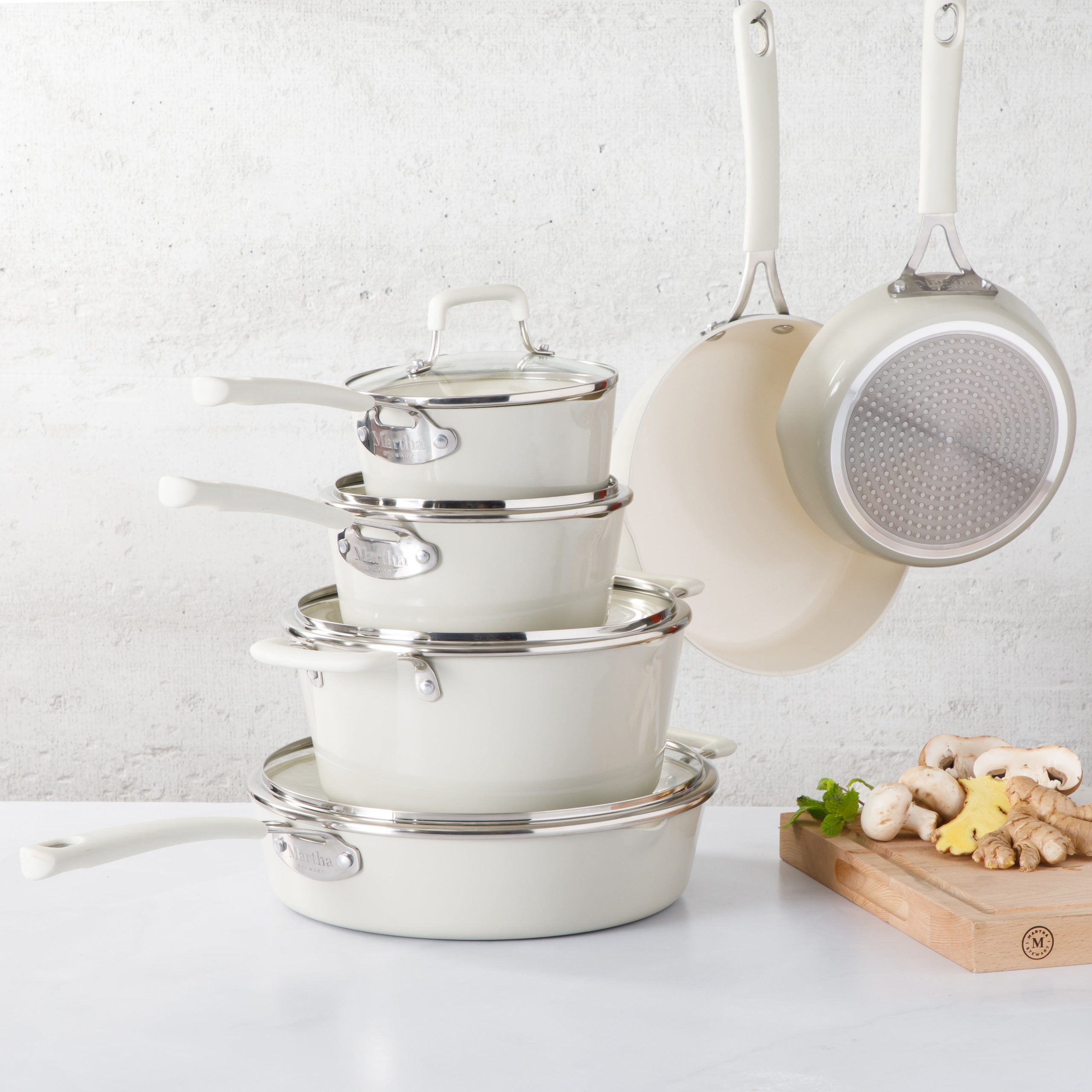 Martha Stewart Heathland Premium Nonstick PFA Free Ceramic Interior 10-Piece Tapered Aluminum Cookware Set - Linen White - Image 2