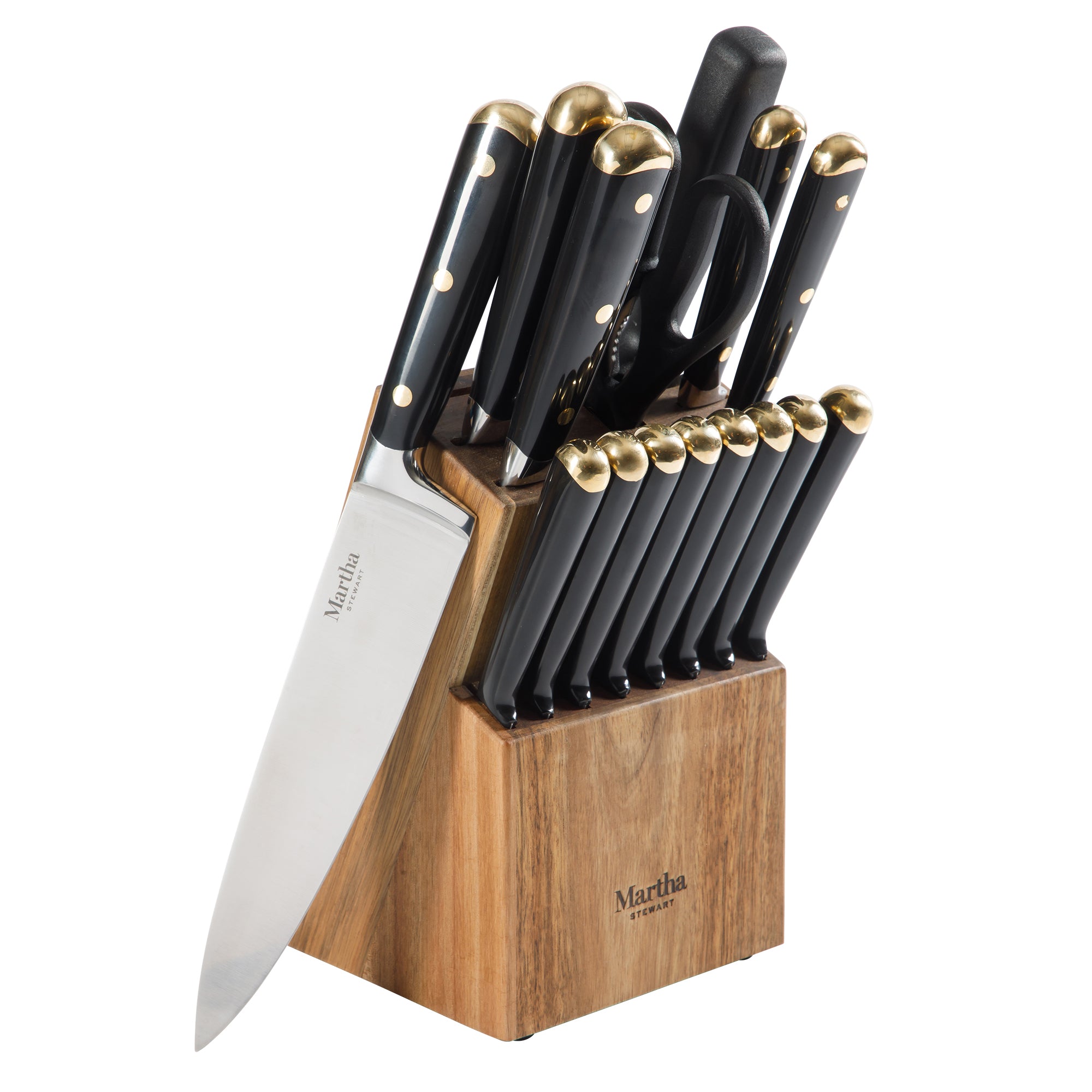 Martha Stewart 16 Piece Lockton High Carbon Stainless Steel Cutlery Kitchen Knife Block Set W/ ABS Tripe Riveted Forged Handle Acacia Wood Block - Image 11