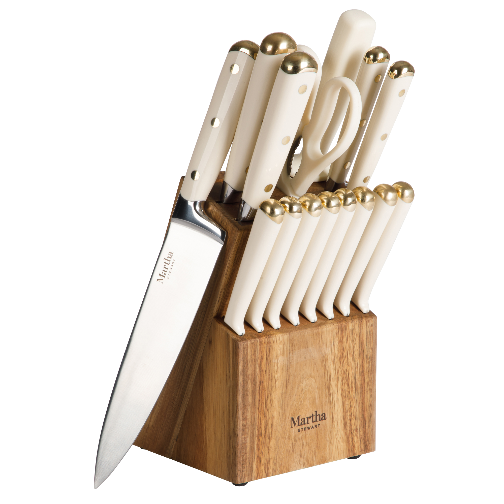 Martha Stewart 16 Piece Lockton High Carbon Stainless Steel Cutlery Kitchen Knife Block Set W/ ABS Tripe Riveted Forged Handle Acacia Wood Block