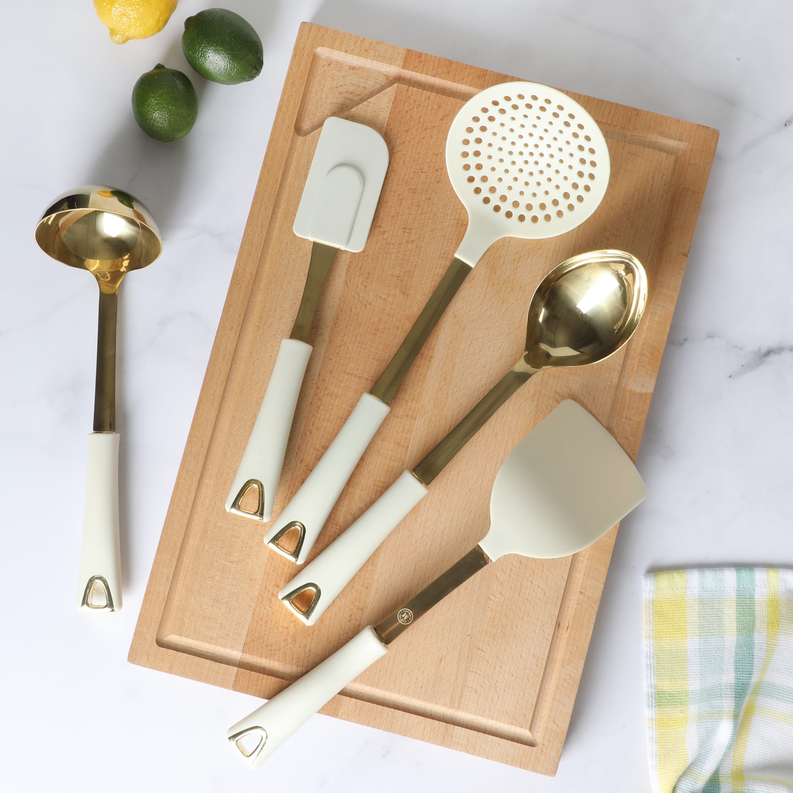 Martha Stewart Lockton 5-Piece Stainless Steel & Nylon Kitchen Tool Set - Linen w/ Gold - Image 2