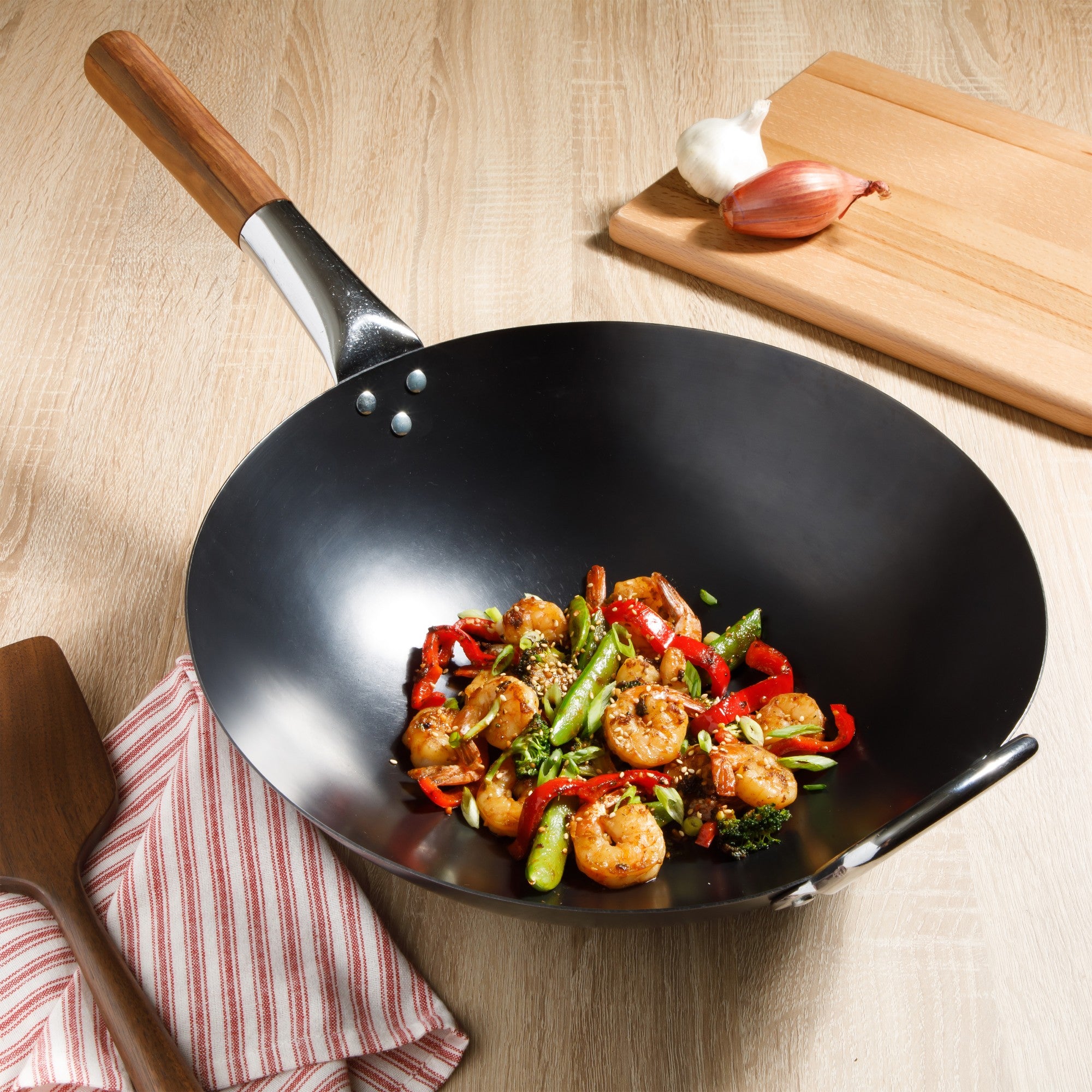 Sur La Table Kitchen Essentials Quick Fire Carbon Steel 13.5" Flat Bottom Wok - Image 7