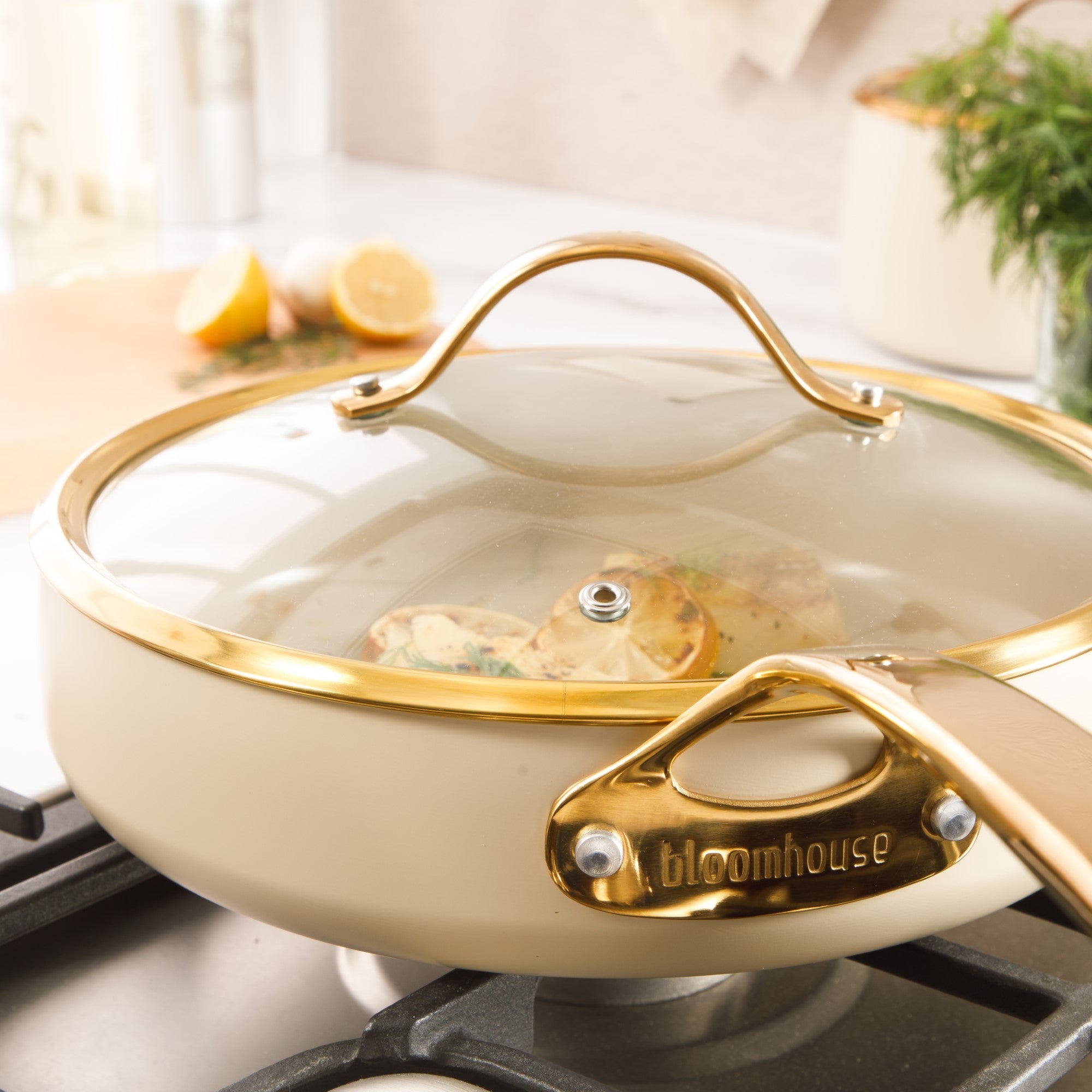 Bloomhouse 10 Inch Heavy Duty Aluminum Premium PFA Free Ceramic Nonstick Saute/Deep Frying Pan Skillet with Lid - Linen White with Gold Handle - Image 2