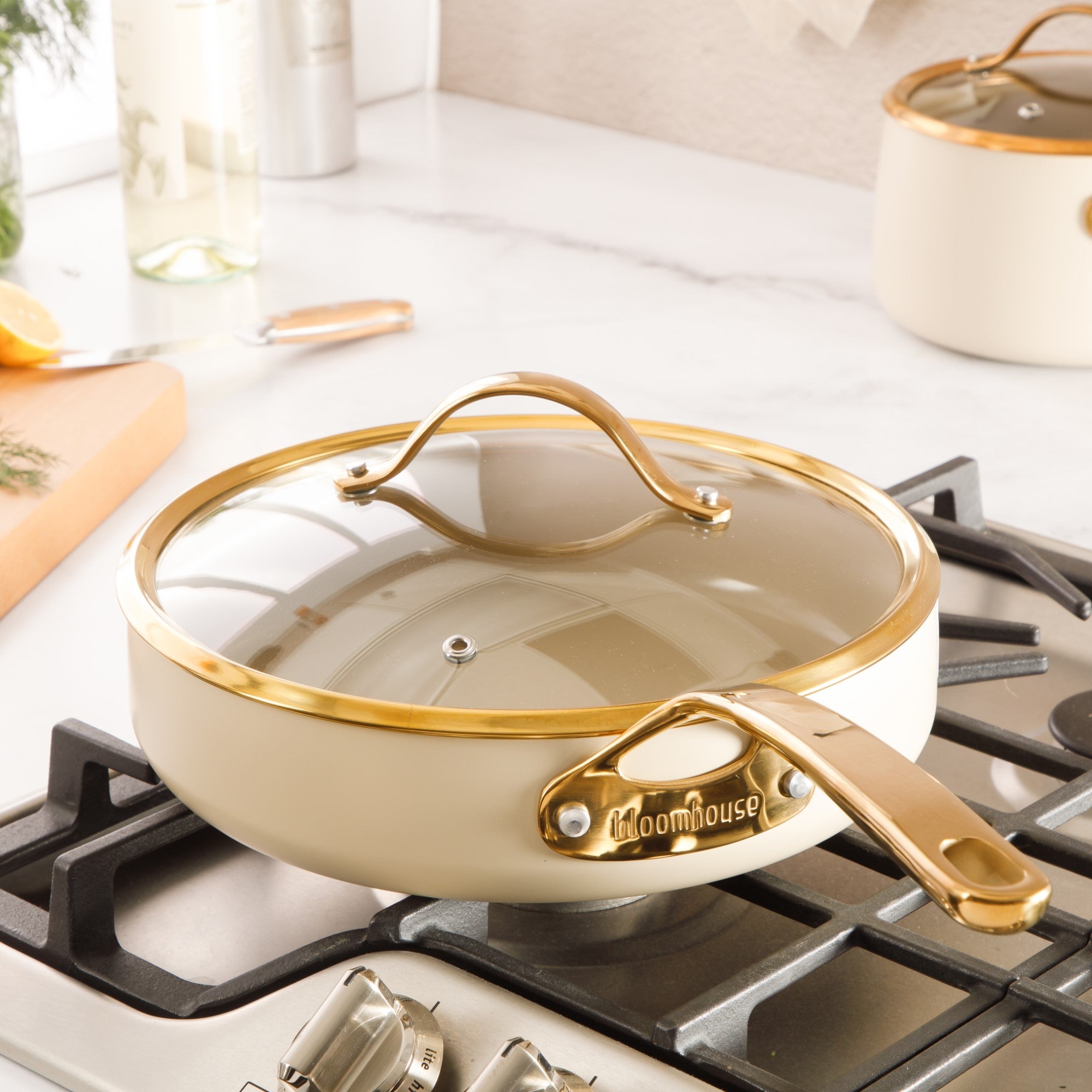 Bloomhouse 10 Inch Heavy Duty Aluminum Premium PFA Free Ceramic Nonstick Saute/Deep Frying Pan Skillet with Lid - Linen White with Gold Handle - Image 5