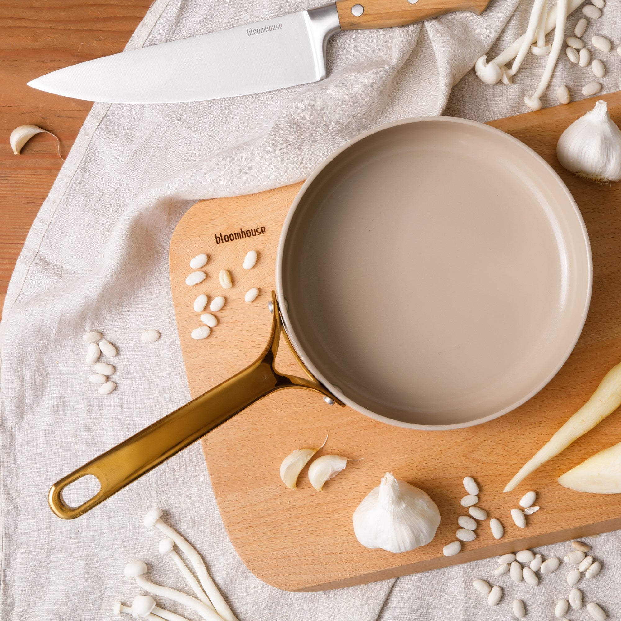 Bloomhouse 8 Inch Heavy Duty Aluminum Premium PFA Free Ceramic Nonstick Saute/Deep Frying Pan Skillet - Linen White with Gold Handle - Image 6