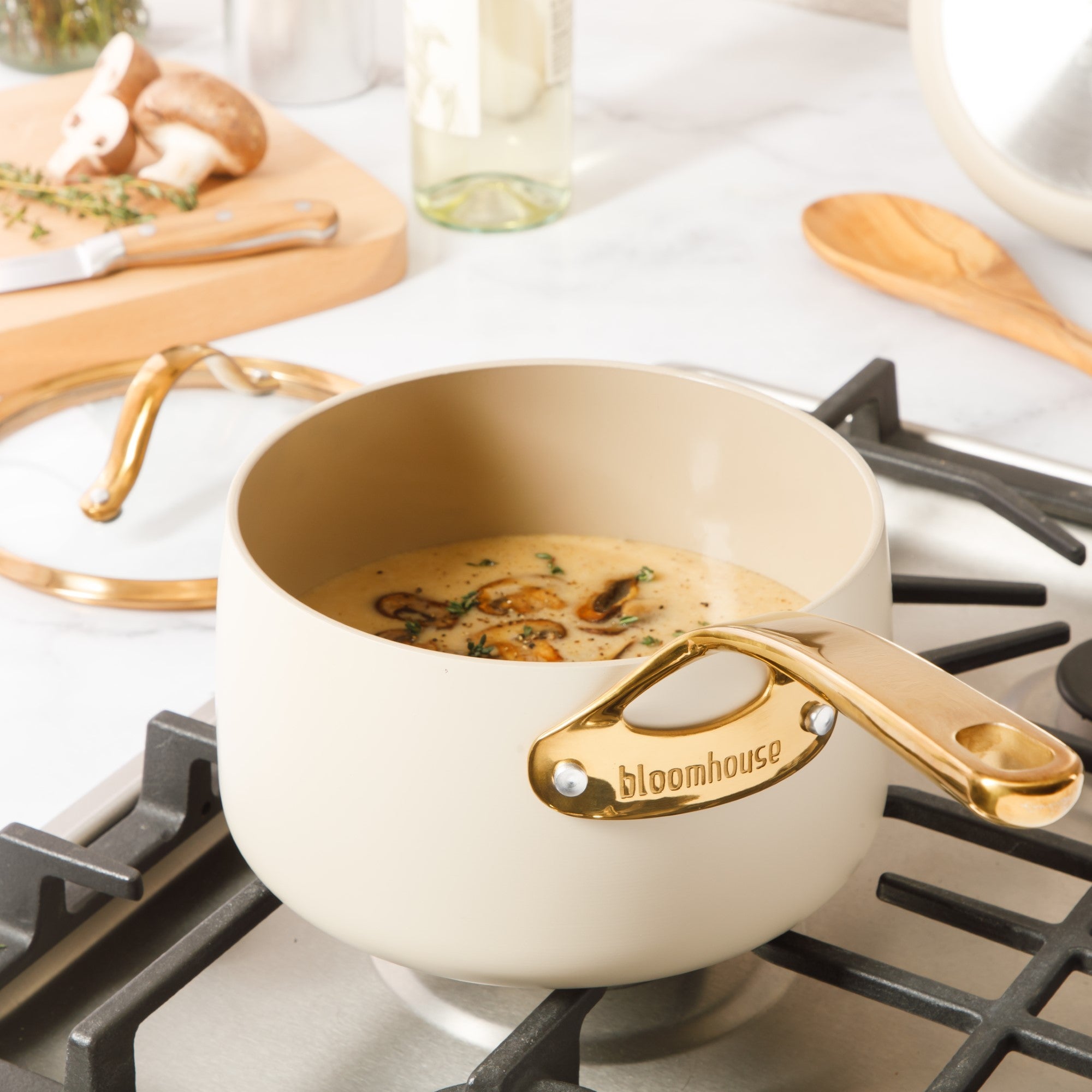 Bloomhouse 3 Quart Heavy Duty Aluminum Premium PFA Free Ceramic Nonstick Saucepan with Lid - Linen White with Gold Handle - Image 7