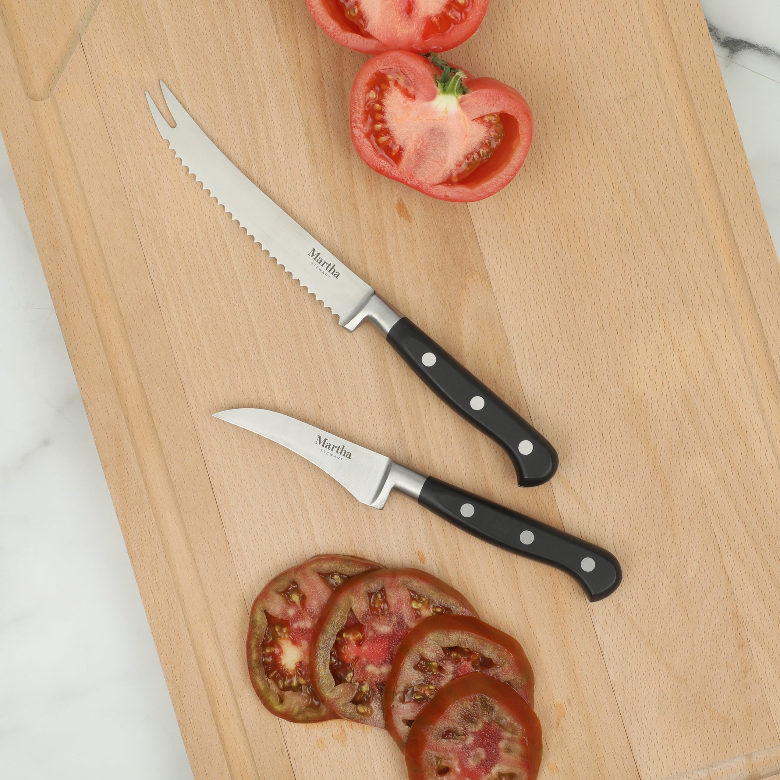 Martha Stewart Carverton 2 Piece Set 5" Tomato Knife and 3" Bird's Beak Knife Set, Bread Carbon Stainless Steel Kitchen Knive W/ Black Triple Rivet Handle - Image 5