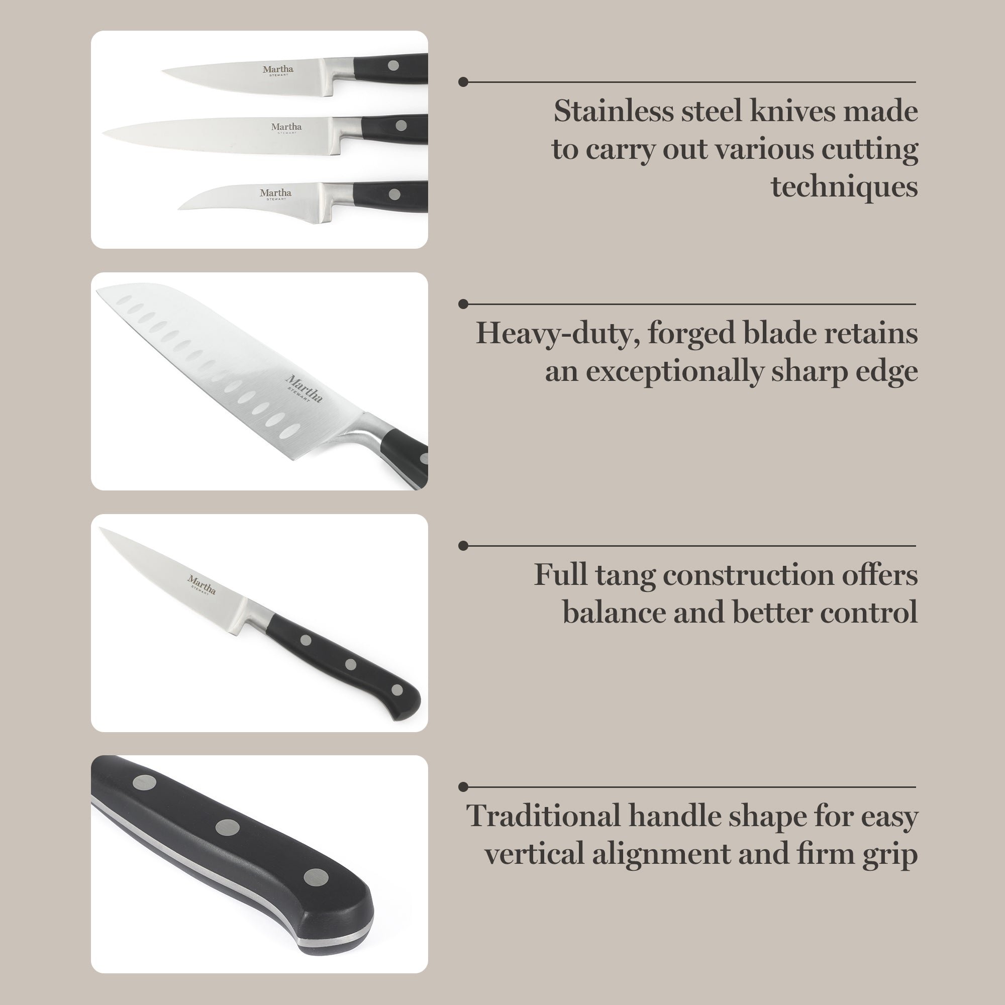 Martha Stewart Carverton 14 Piece High Carbon Stainless Steel Cutlery Kitchen Knife Block Set w/ABS Triple Riveted Forged Handle Wood Block - Black - Image 4