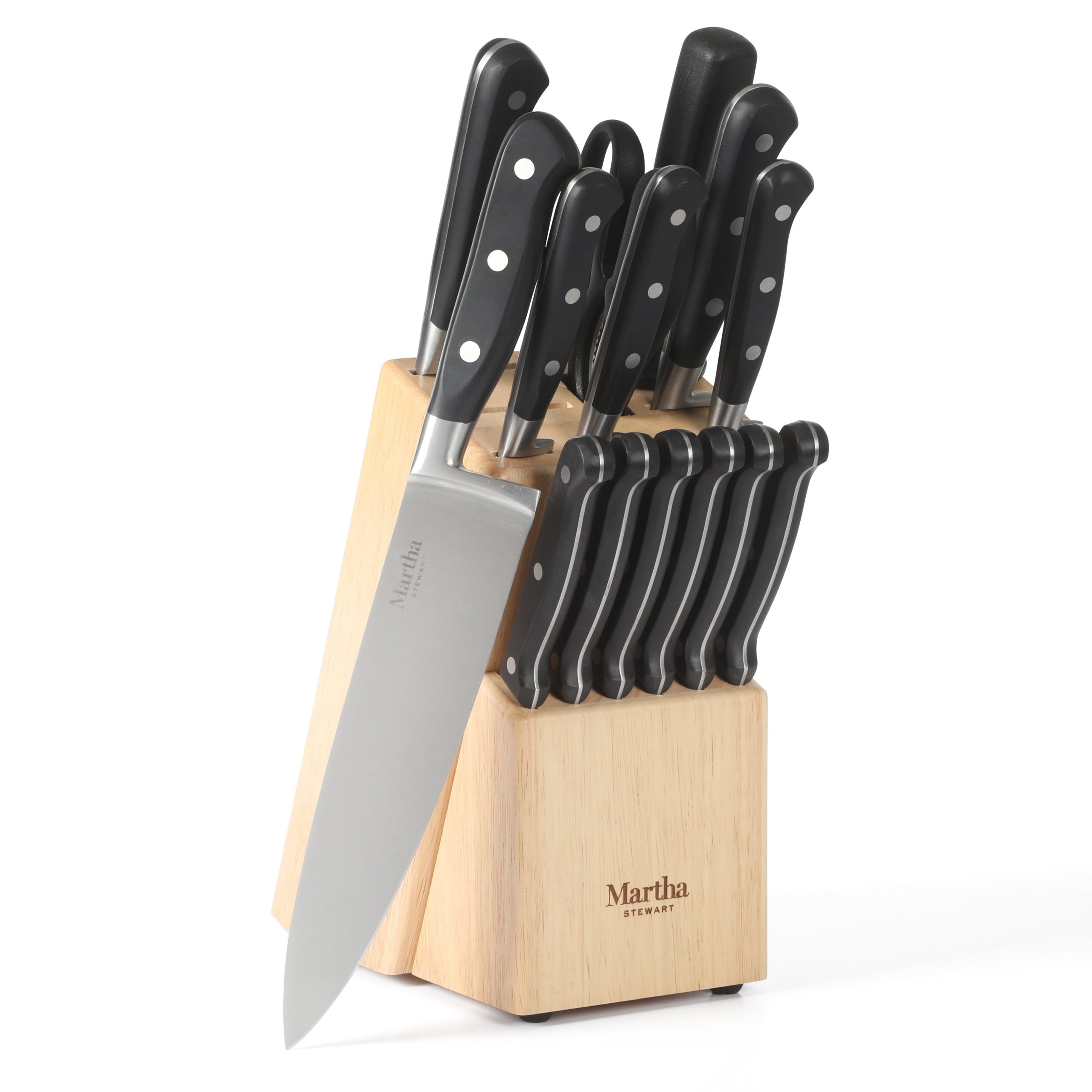 Martha Stewart Carverton 14 Piece High Carbon Stainless Steel Cutlery Kitchen Knife Block Set w/ABS Triple Riveted Forged Handle Wood Block - Black