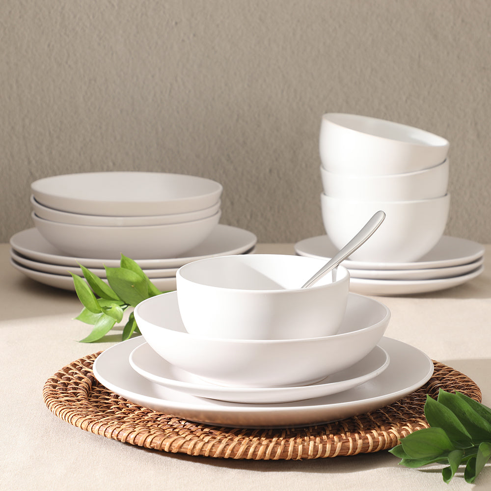 Gibson Home Queenslane 16 Piece Plates and Bowls Dishes Stoneware Ceramic Dinnerware Sets - Matte White - Image 3