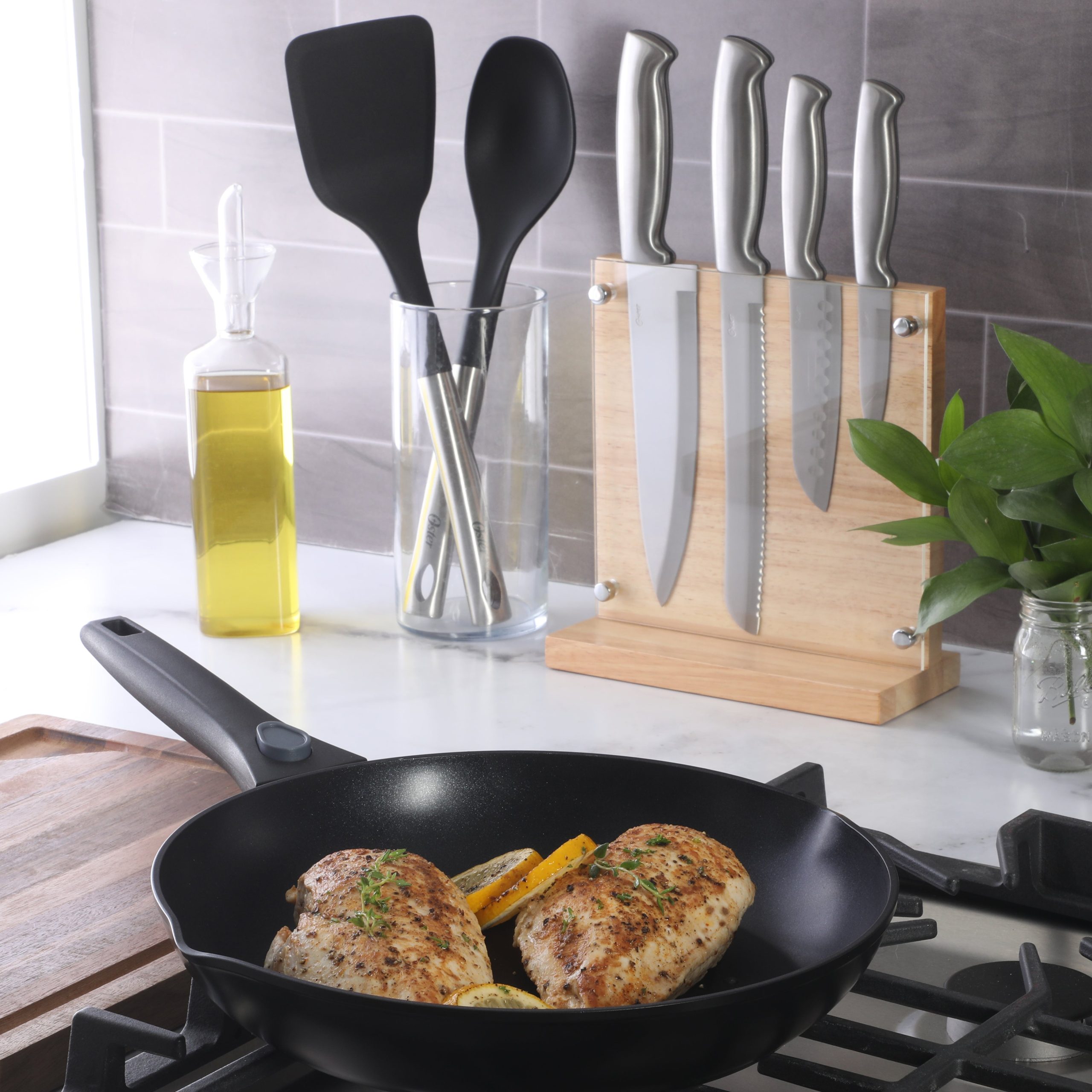 Oster Baldwyn 5-Piece Stainless Steel Knife Block Set with Wood Magnetic Stand – Countertop Display & Knife-Safe Storage - Image 3