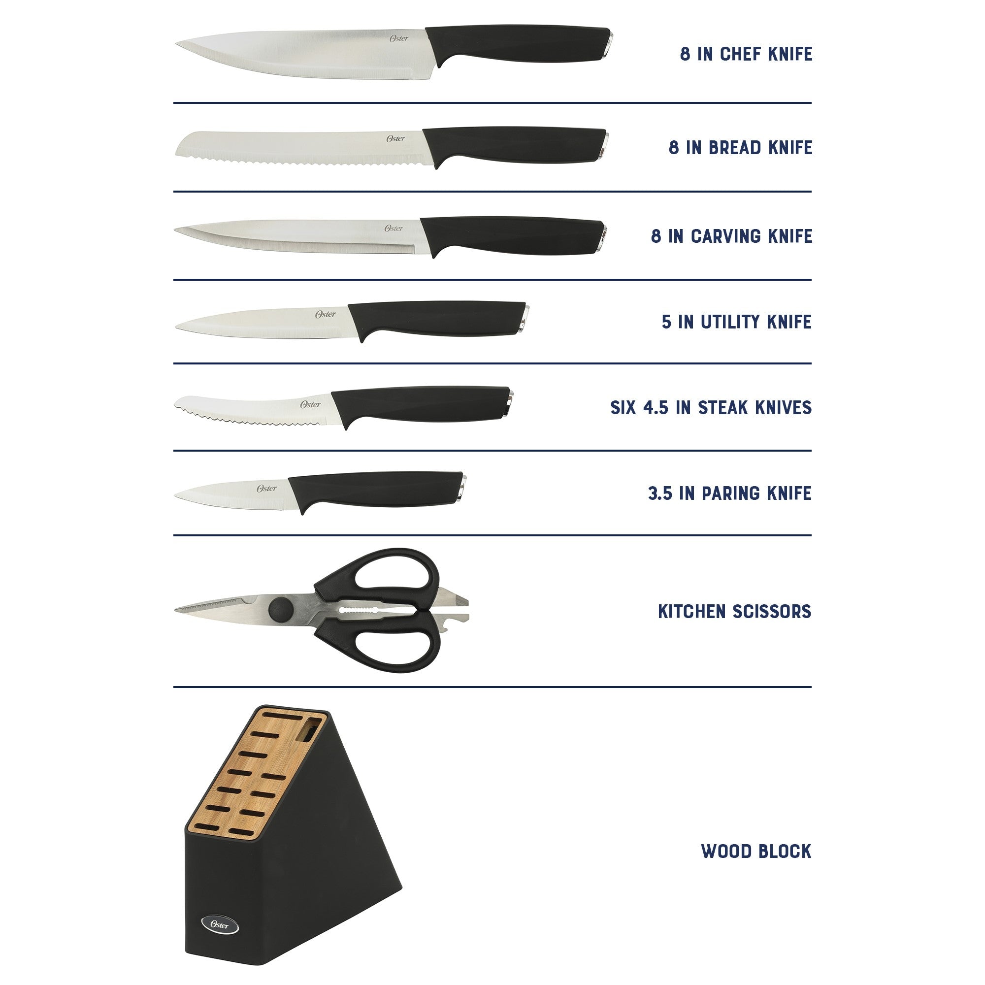 Oster Brixen 13 Piece High Carbon Stainless Steel Kitchen Cutlery Knife Block Set W/ Black Wood Block - Image 5