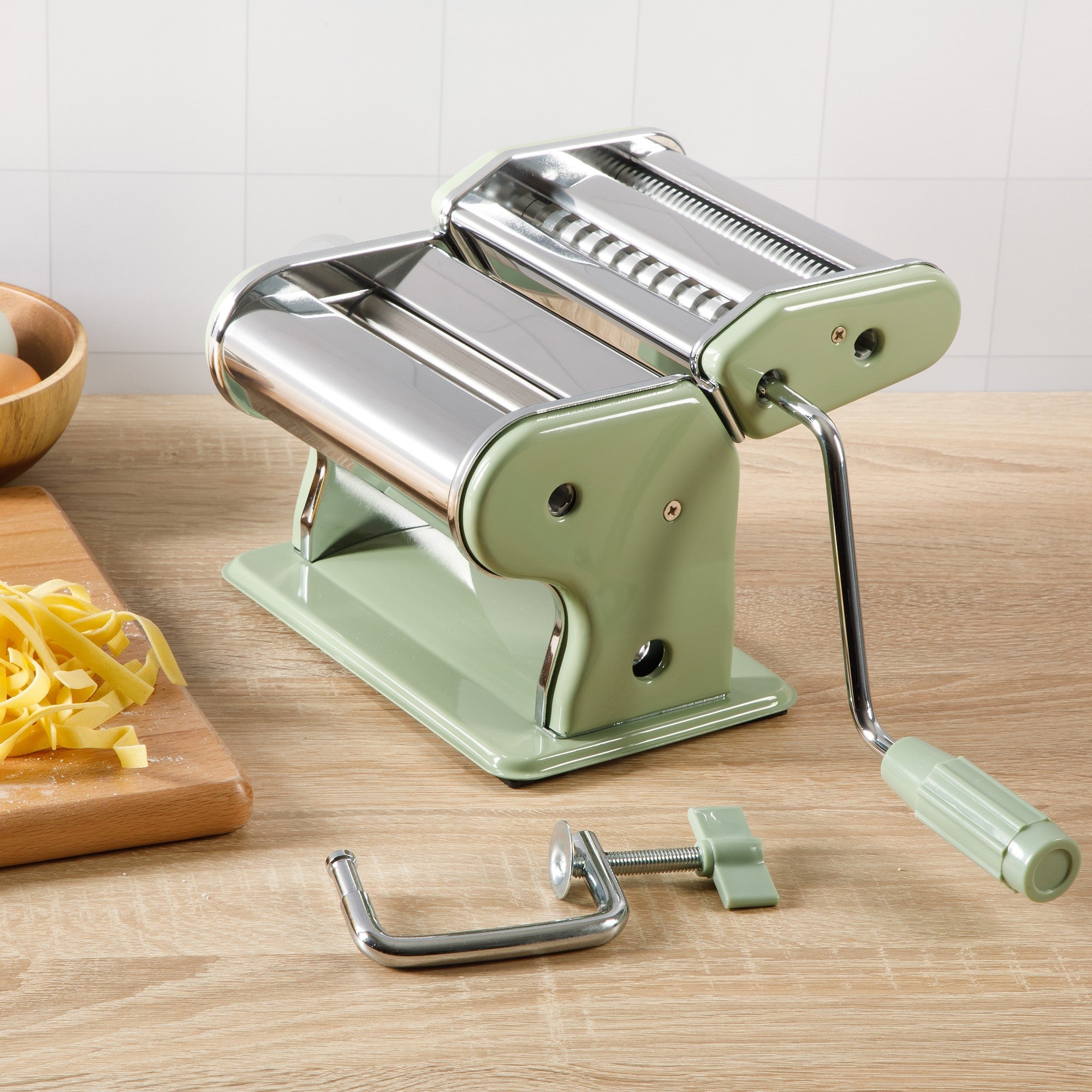 Sur La Table Kitchen Essential Va Bene Manual Pasta Maker Machine, Noodle Maker with Rollers and Cutters, Perfect for Spaghetti, Fettuccini, Lasagna or Dumpling Skin Silver, Stainless Steel/Juniper Green - Image 10