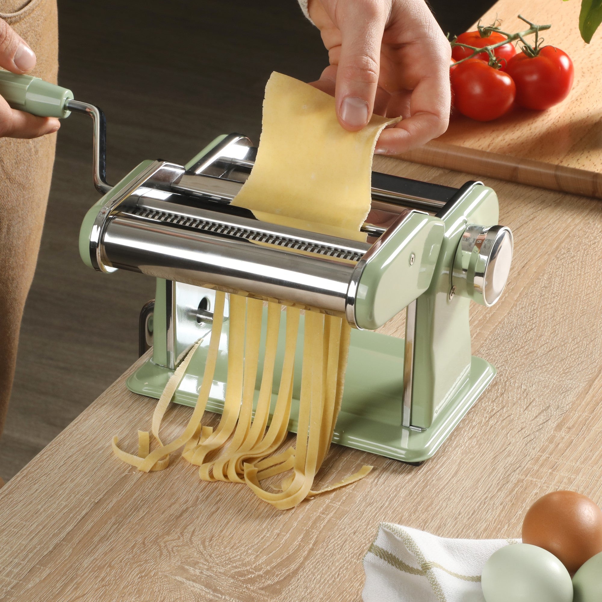 Sur La Table Kitchen Essential Va Bene Manual Pasta Maker Machine, Noodle Maker with Rollers and Cutters, Perfect for Spaghetti, Fettuccini, Lasagna or Dumpling Skin Silver, Stainless Steel/Juniper Green - Image 5