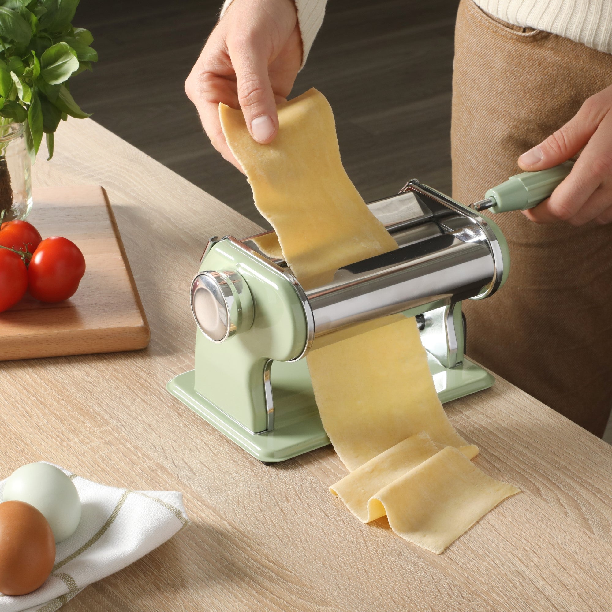 Sur La Table Kitchen Essential Va Bene Manual Pasta Maker Machine, Noodle Maker with Rollers and Cutters, Perfect for Spaghetti, Fettuccini, Lasagna or Dumpling Skin Silver, Stainless Steel/Juniper Green - Image 6