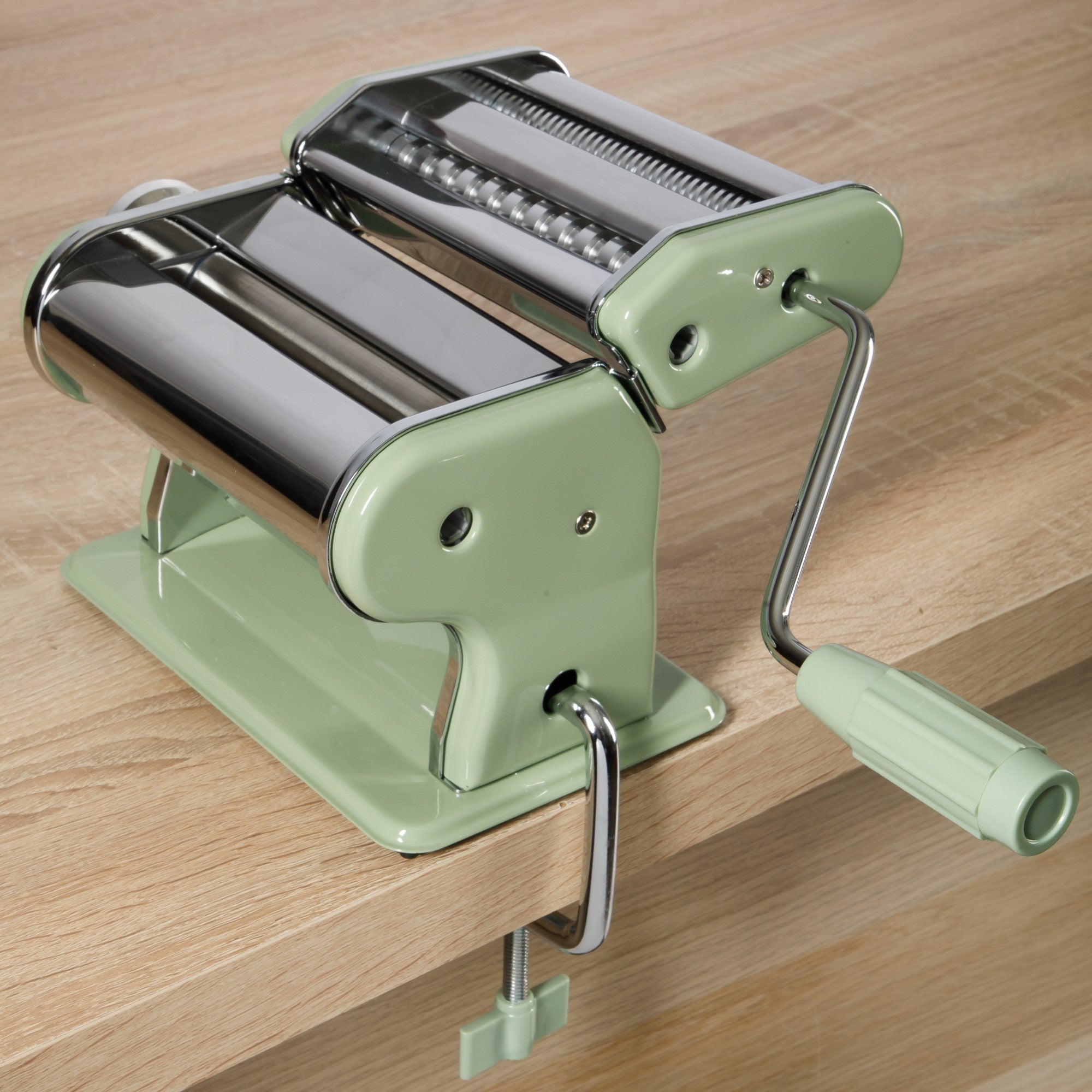 Sur La Table Kitchen Essential Va Bene Manual Pasta Maker Machine, Noodle Maker with Rollers and Cutters, Perfect for Spaghetti, Fettuccini, Lasagna or Dumpling Skin Silver, Stainless Steel/Juniper Green - Image 2