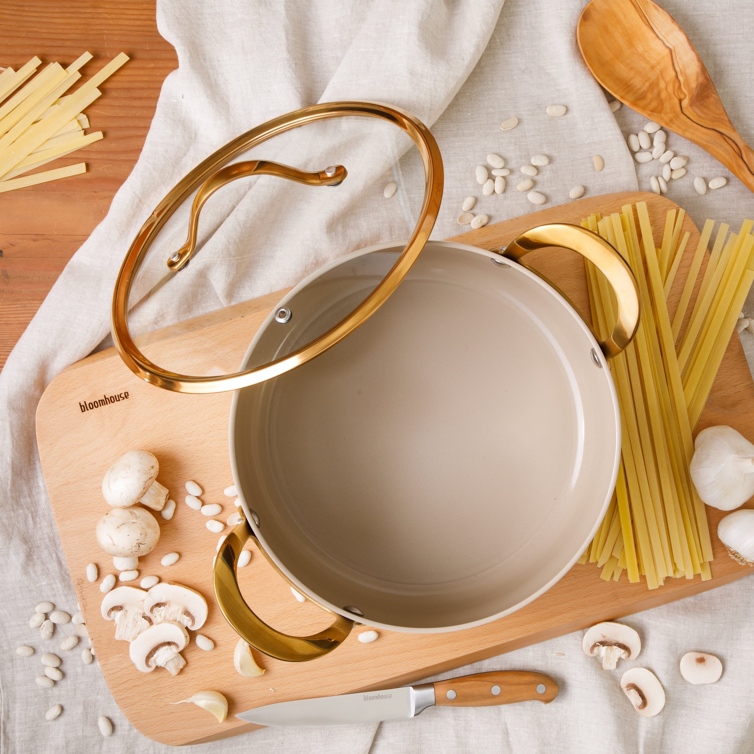 Bloomhouse 6 Quart Heavy Duty Aluminum Premium PFA Free Ceramic Nonstick Dutch Oven Pot with Lid - Linen White with Gold Handle - Image 5