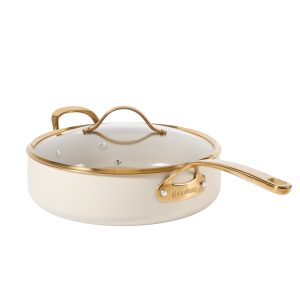 Bloomhouse 6 QT Heavy Duty Aluminum Premium PFA Free Ceramic Nonstick Saute/Deep Frying Pan Skillet with Lid - Linen White with Gold Handle
