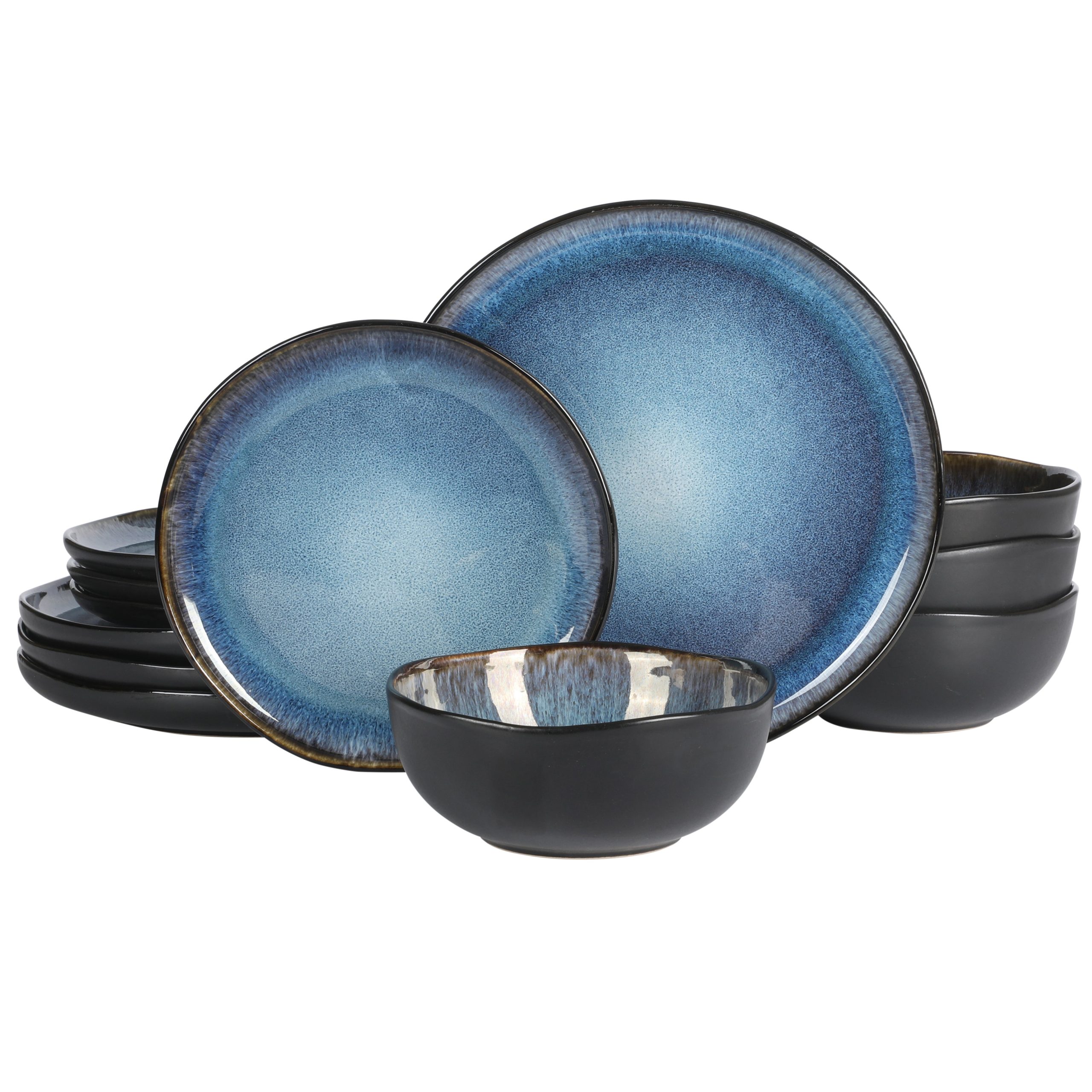 Gibson Soho Lounge Nardini 12 Piece (Service for 4) Plates and Bowls Reactive Glaze Dishes Stoneware Ceramic Dinnerware Set - Black and Blue - Image 14