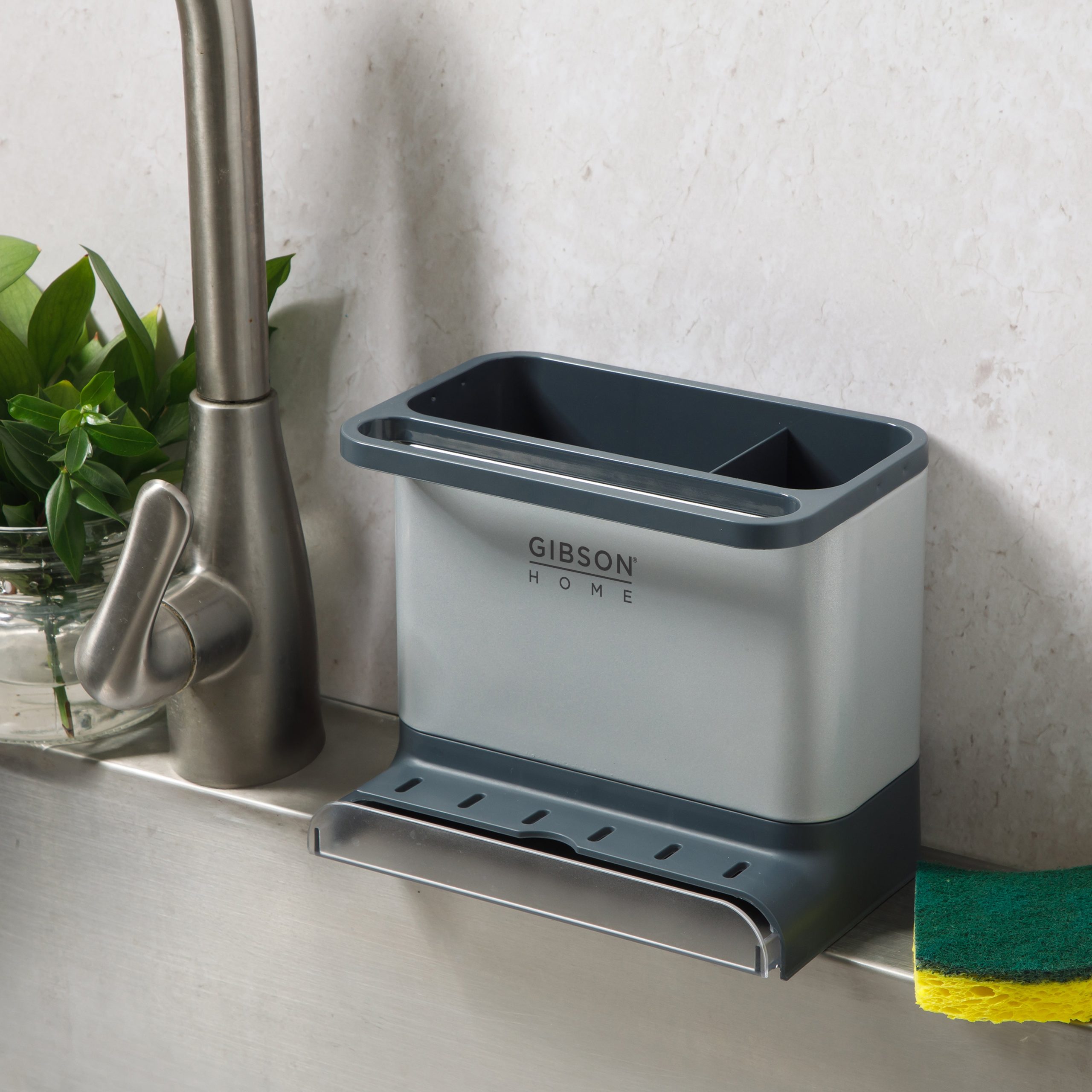 Gibson Home Ledgebrook Sink Caddy With Metal Panel, Metal Sponge Holder for Kitchen Sink, Countertop Organizer and Storage Essentials With Drain Board - Image 3
