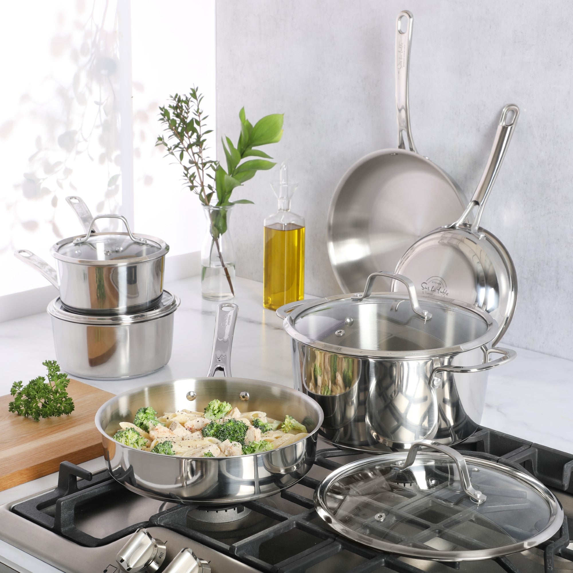Sur La Table Kitchen Essentials 10 Piece Stainless Steel Non Toxic Pots and Pans Kitchen Cookware Set W/ Triply Encapsulated Base - Induction Safe - Image 4