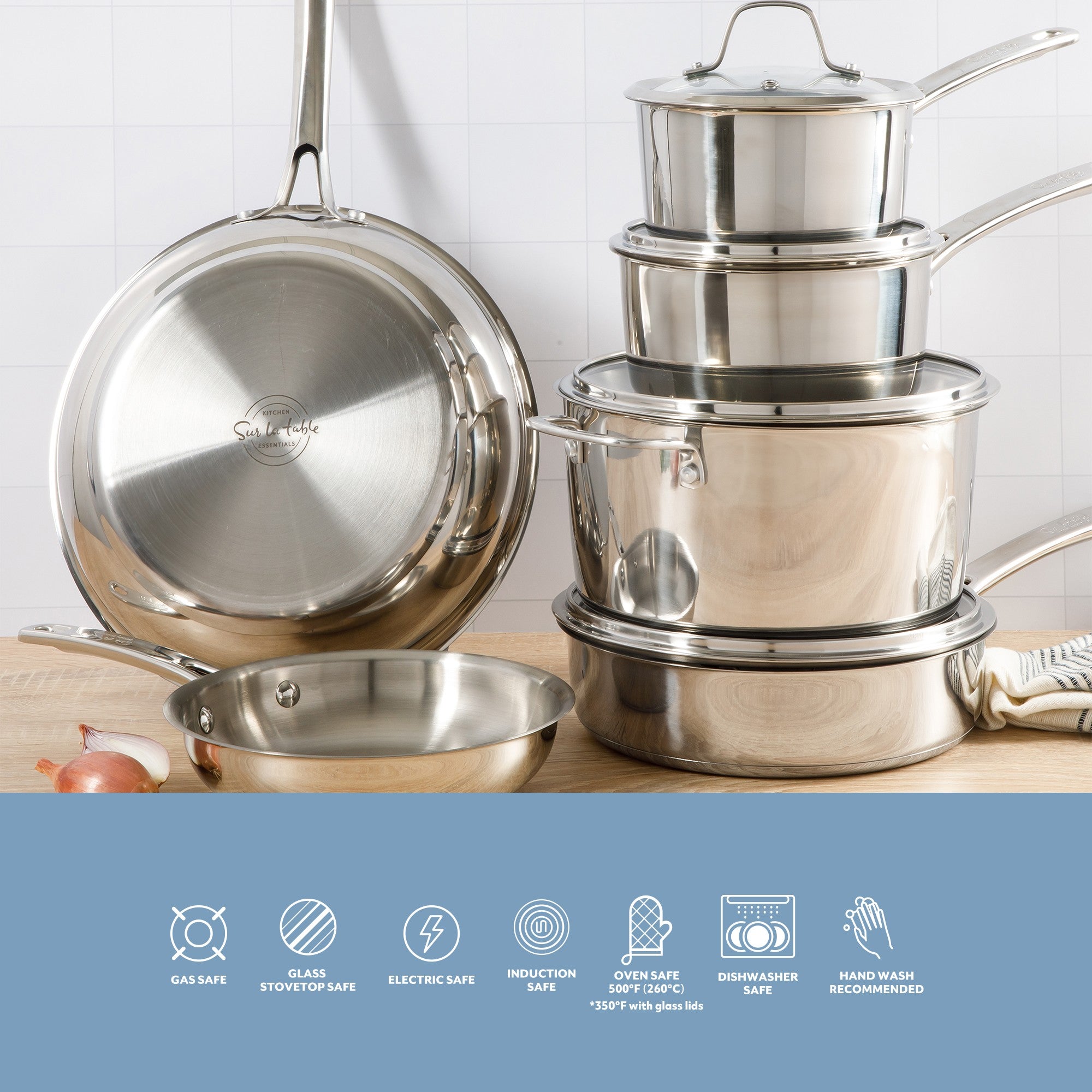 Sur La Table Kitchen Essentials 10 Piece Stainless Steel Non Toxic Pots and Pans Kitchen Cookware Set W/ Triply Encapsulated Base - Induction Safe - Image 15