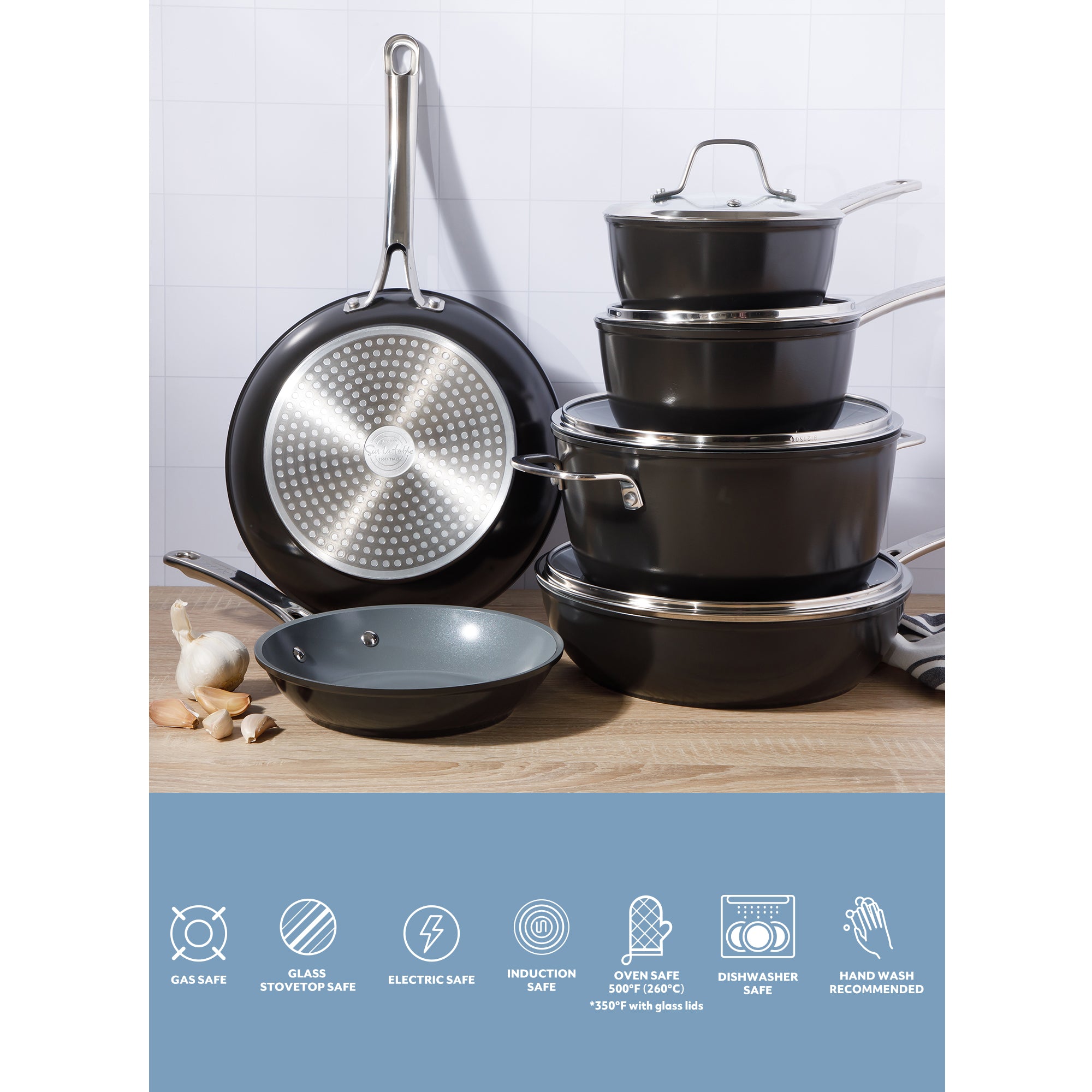 Sur La Table Kitchen Essentials Cool Commune Hard Anodized 10 Piece PFA Free Ceramic Non stick Interior Forged Durable Aluminum Pots and Pans Cookware Set - Image 3