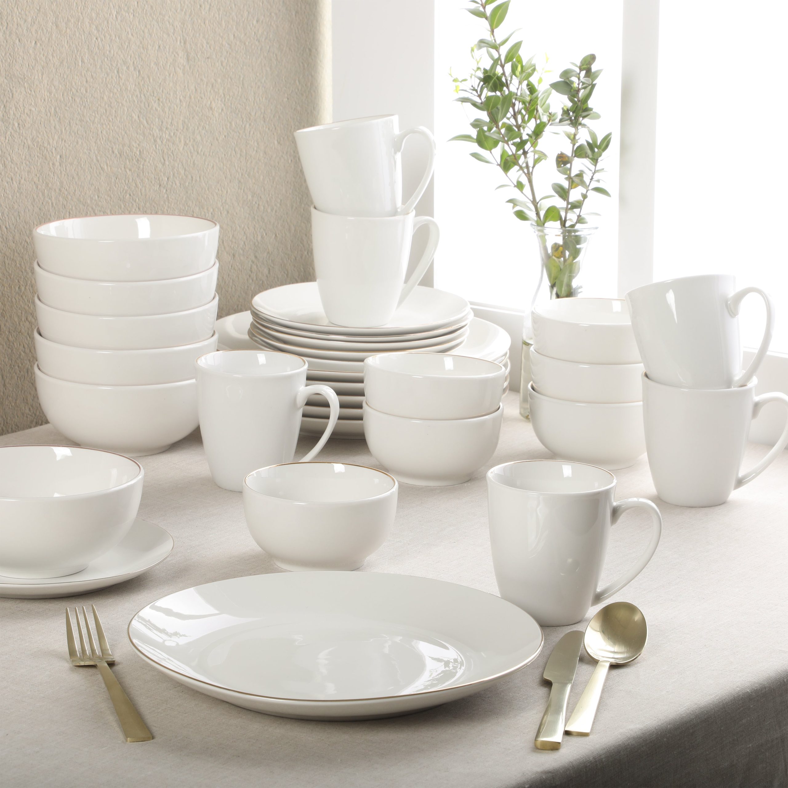 Gibson Home Ogalla 30 Piece Plates, Bowls, & Mugs Dinnerware Set - Service for 6 - White Porcelain W/ Gold Band - Image 5