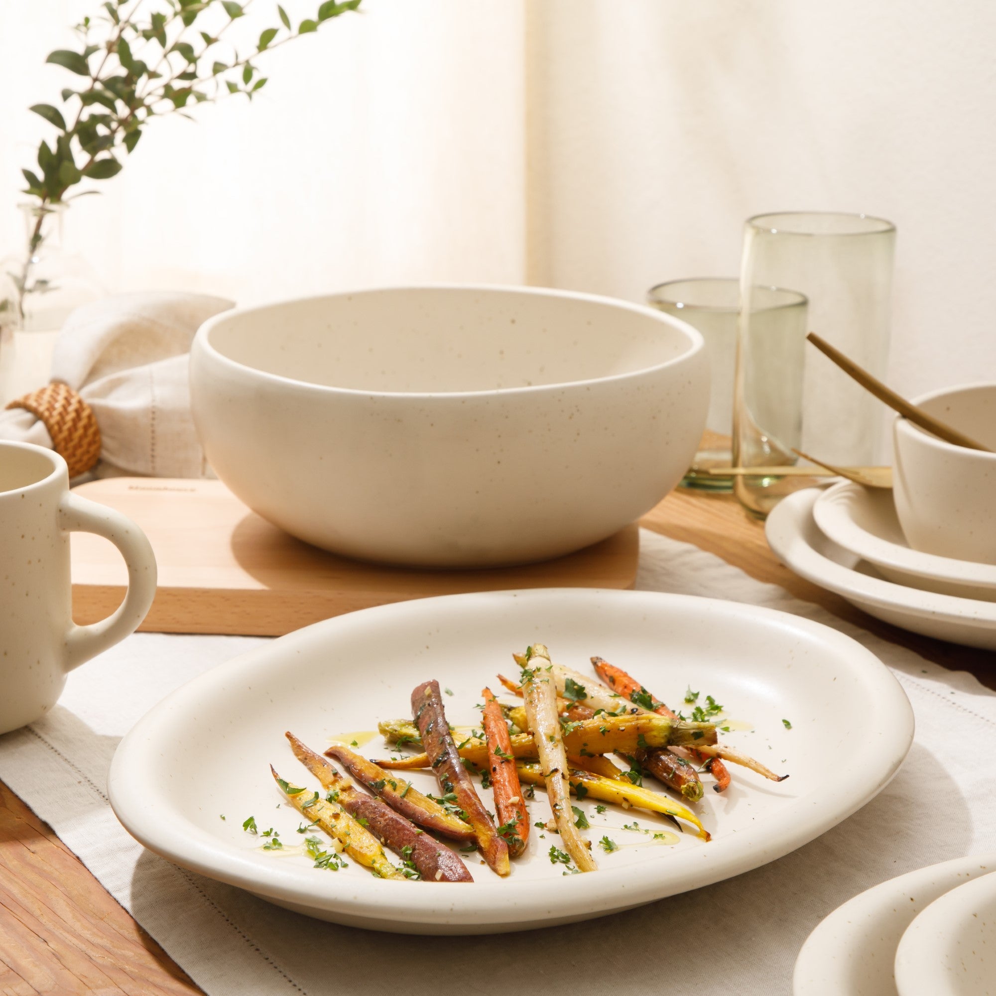 Bloomhouse Corsica Clay 2 Piece Oval Platter and Bowl Serving Set - Sea Salt White - Image 3