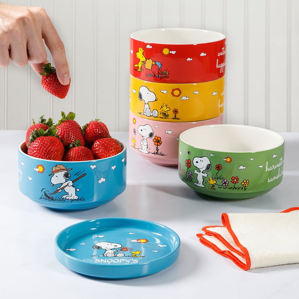 Peanuts Snoopy 6 Pack Stackable 5.5" Decorated Stoneware Bowl Set W/ Plate - Image 5