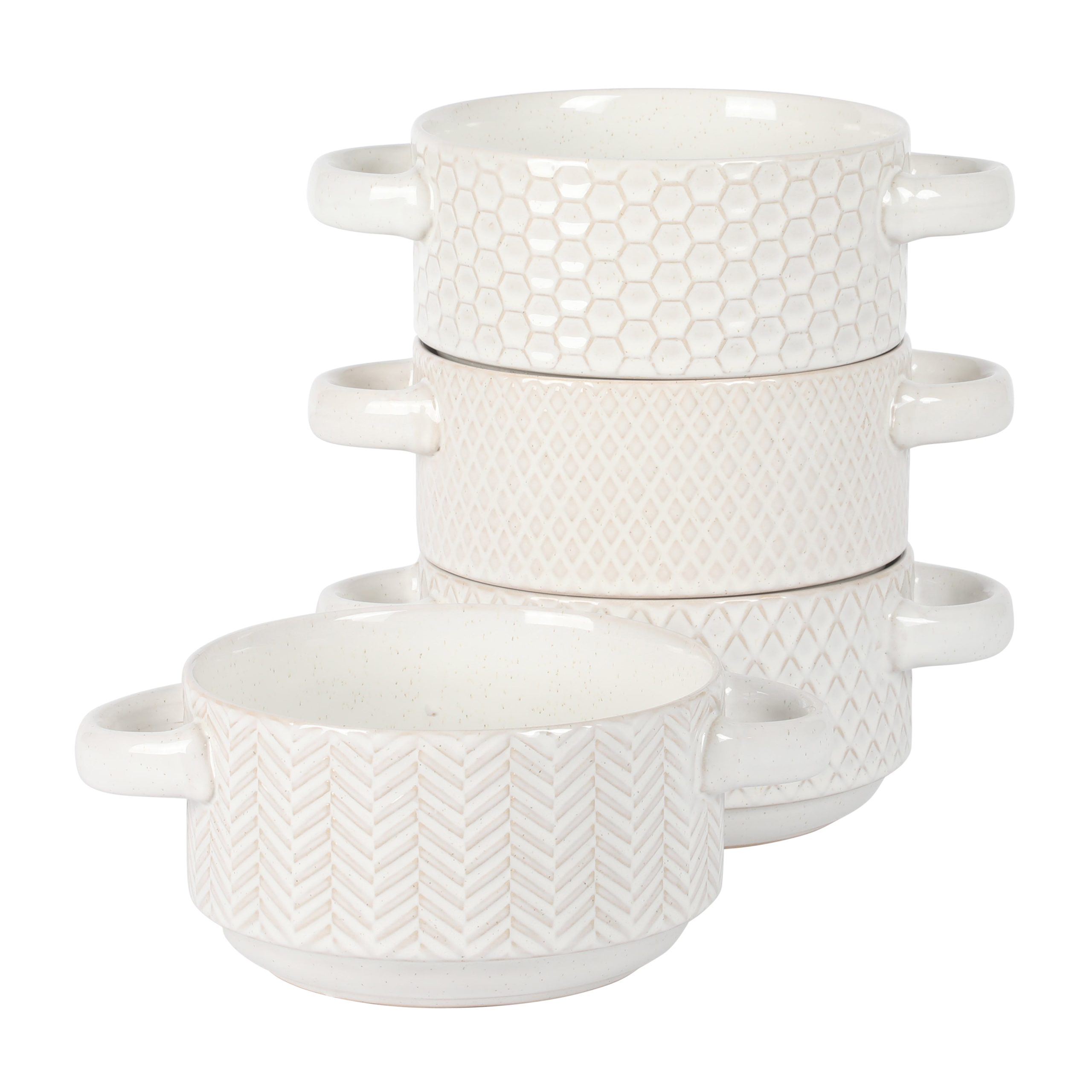 Gibson Elite Oyster Tide Embossed 6 Inch Soup Bowls with Handles. French Onion Soup Crocks, Stackable Soup Bowl, Chili, Beef Stew Reactive Glaze Stackable Ceramic Bowl, Set of 4, White