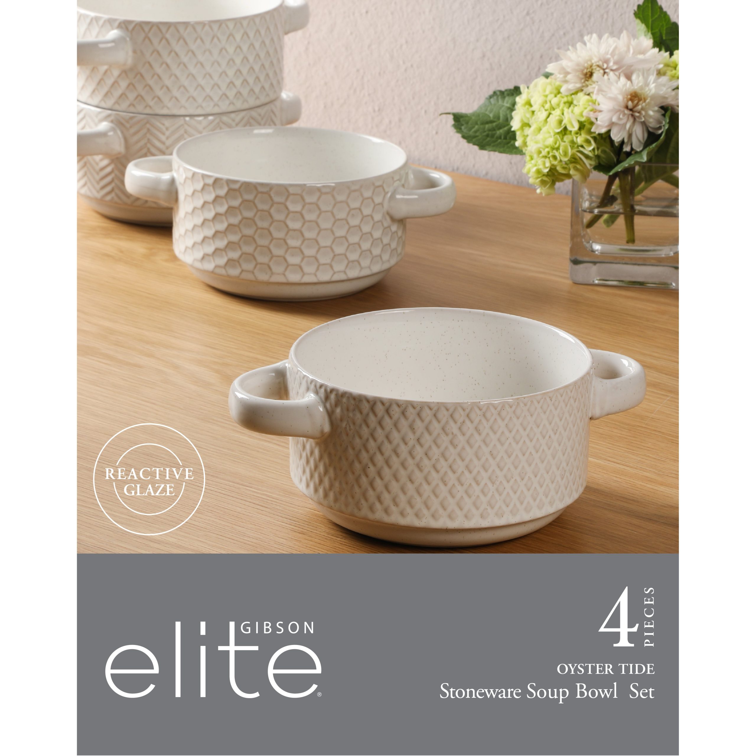 Gibson Elite Oyster Tide Embossed 6 Inch Soup Bowls with Handles. French Onion Soup Crocks, Stackable Soup Bowl, Chili, Beef Stew Reactive Glaze Stackable Ceramic Bowl, Set of 4, White - Image 2