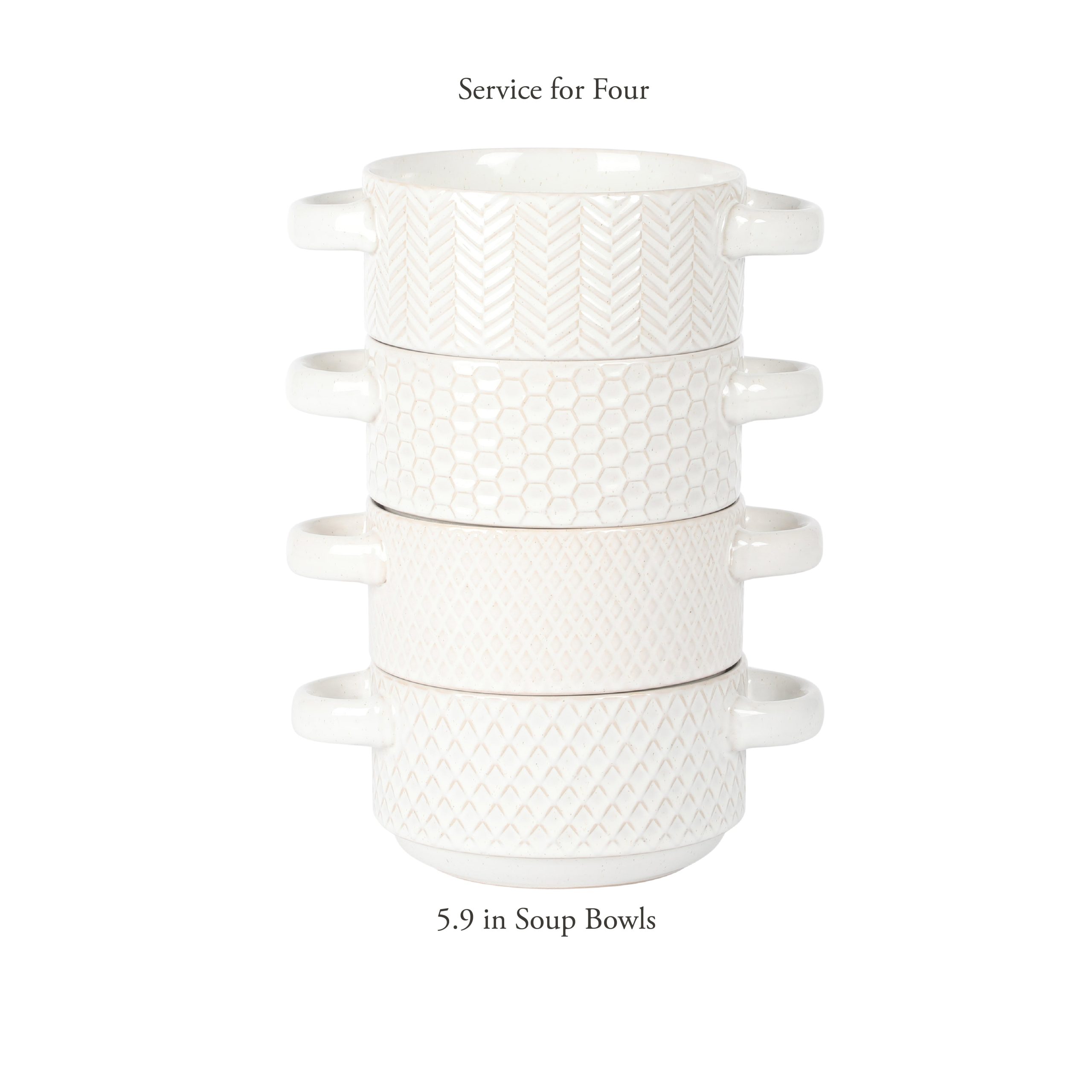 Gibson Elite Oyster Tide Embossed 6 Inch Soup Bowls with Handles. French Onion Soup Crocks, Stackable Soup Bowl, Chili, Beef Stew Reactive Glaze Stackable Ceramic Bowl, Set of 4, White - Image 3