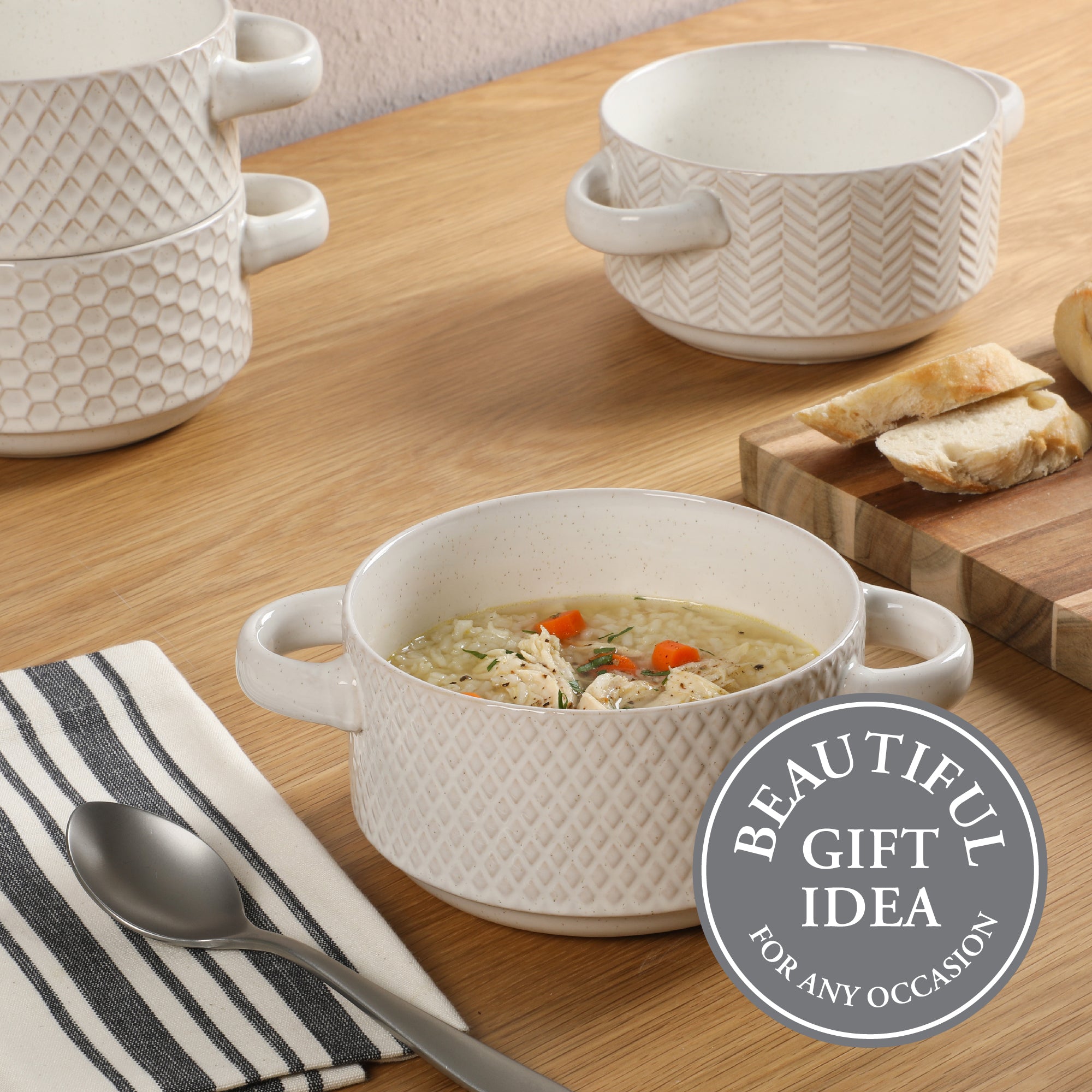 Gibson Elite Oyster Tide Embossed 6 Inch Soup Bowls with Handles. French Onion Soup Crocks, Stackable Soup Bowl, Chili, Beef Stew Reactive Glaze Stackable Ceramic Bowl, Set of 4, White - Image 5