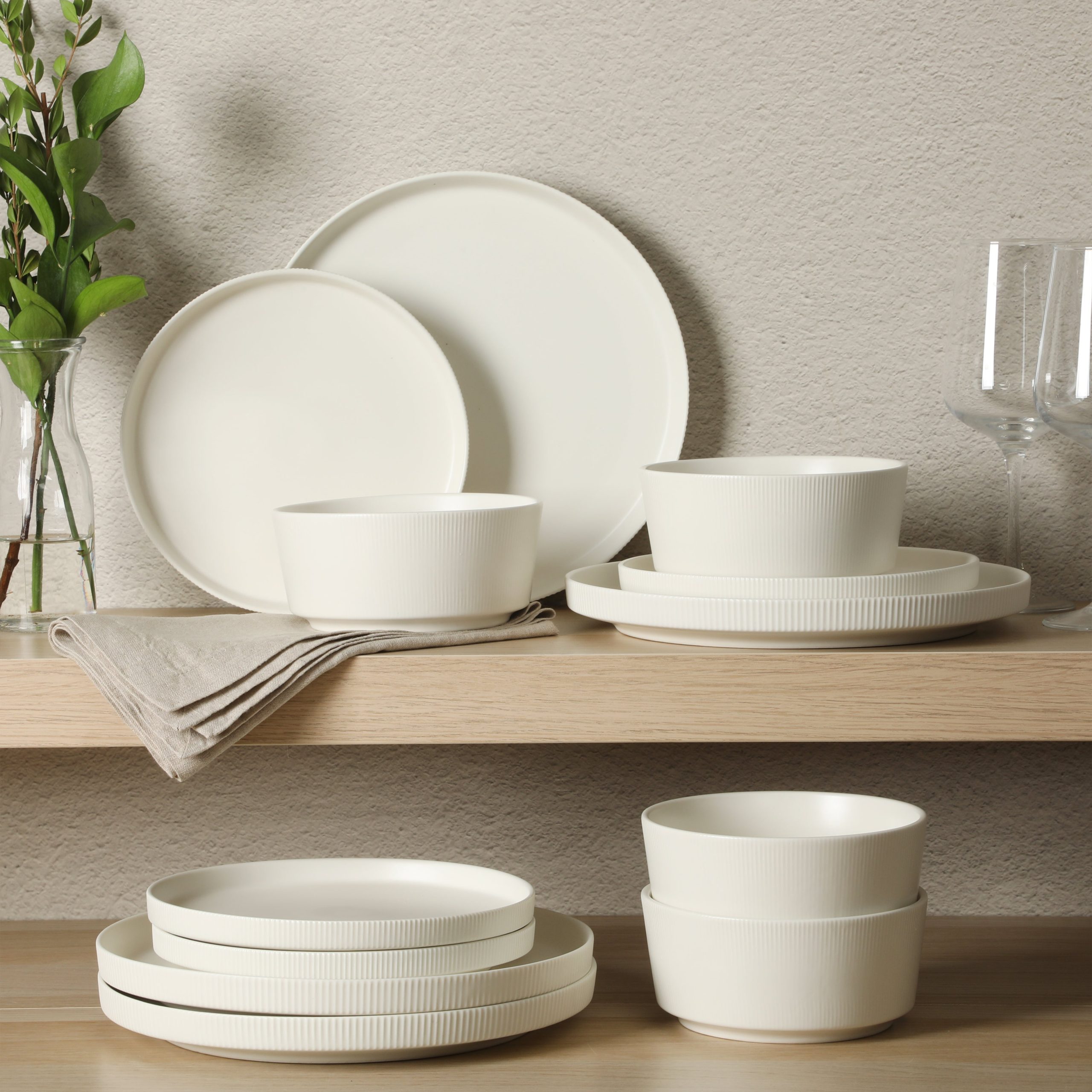Gibson Home Dempsey Road 12-Piece Stoneware Dinnerware Set – Service for 4, Round Plates and Bowls, Durable Solid Color Modern Embossed Dish Set, Microwave & Dishwasher Safe - Image 4