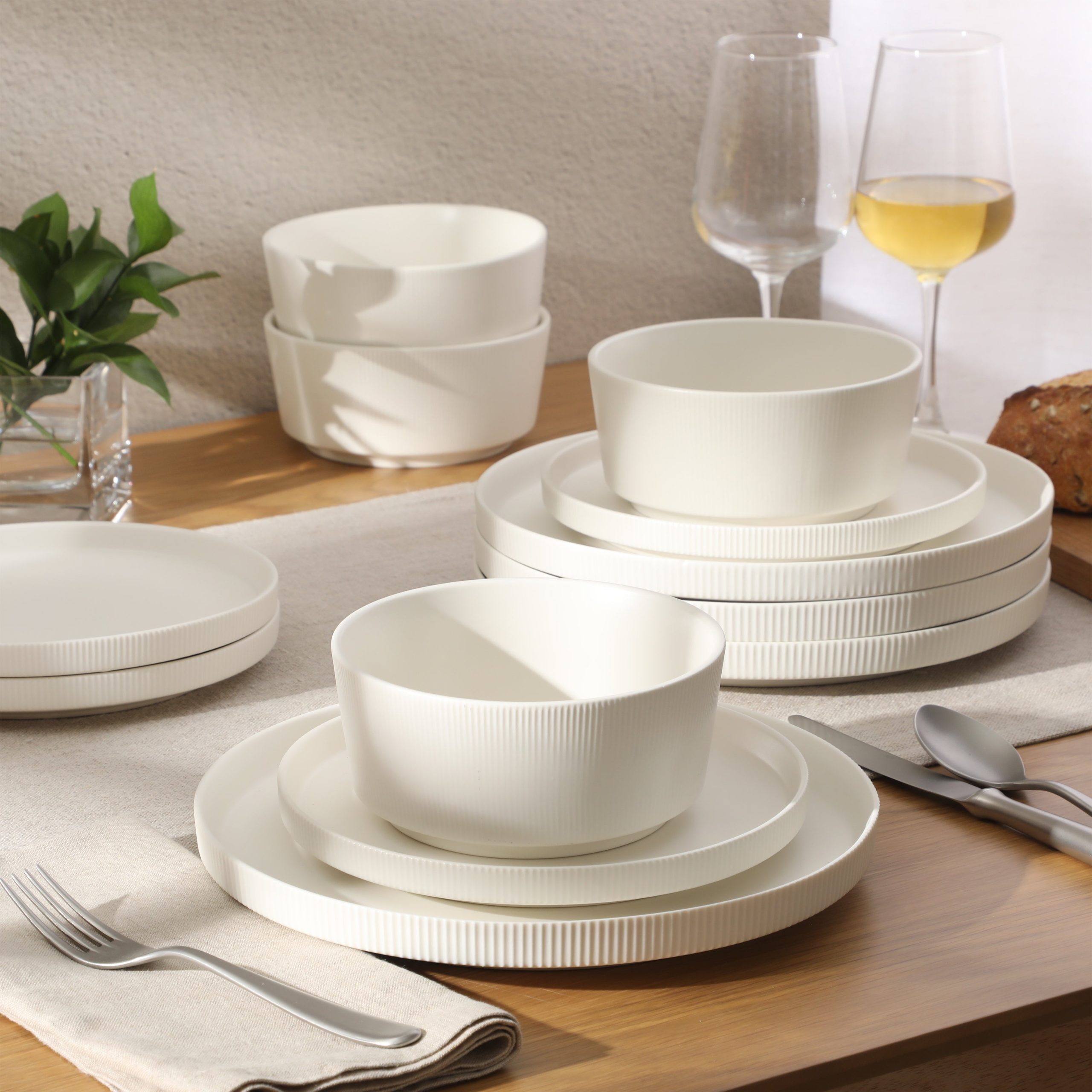 Gibson Home Dempsey Road 12-Piece Stoneware Dinnerware Set – Service for 4, Round Plates and Bowls, Durable Solid Color Modern Embossed Dish Set, Microwave & Dishwasher Safe - Image 2