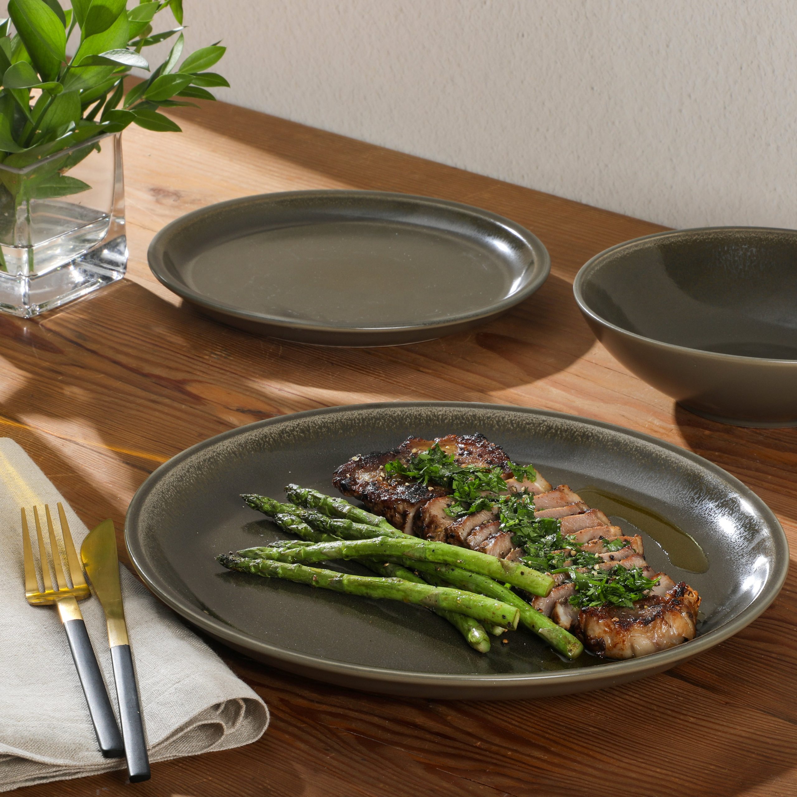 Gibson Elite 12 Piece (Service for 4) Lakecrest Plates and Bowls Reactive Glaze Round Dishes Stoneware Ceramic Dinnerware Set - Dark Green - Image 6