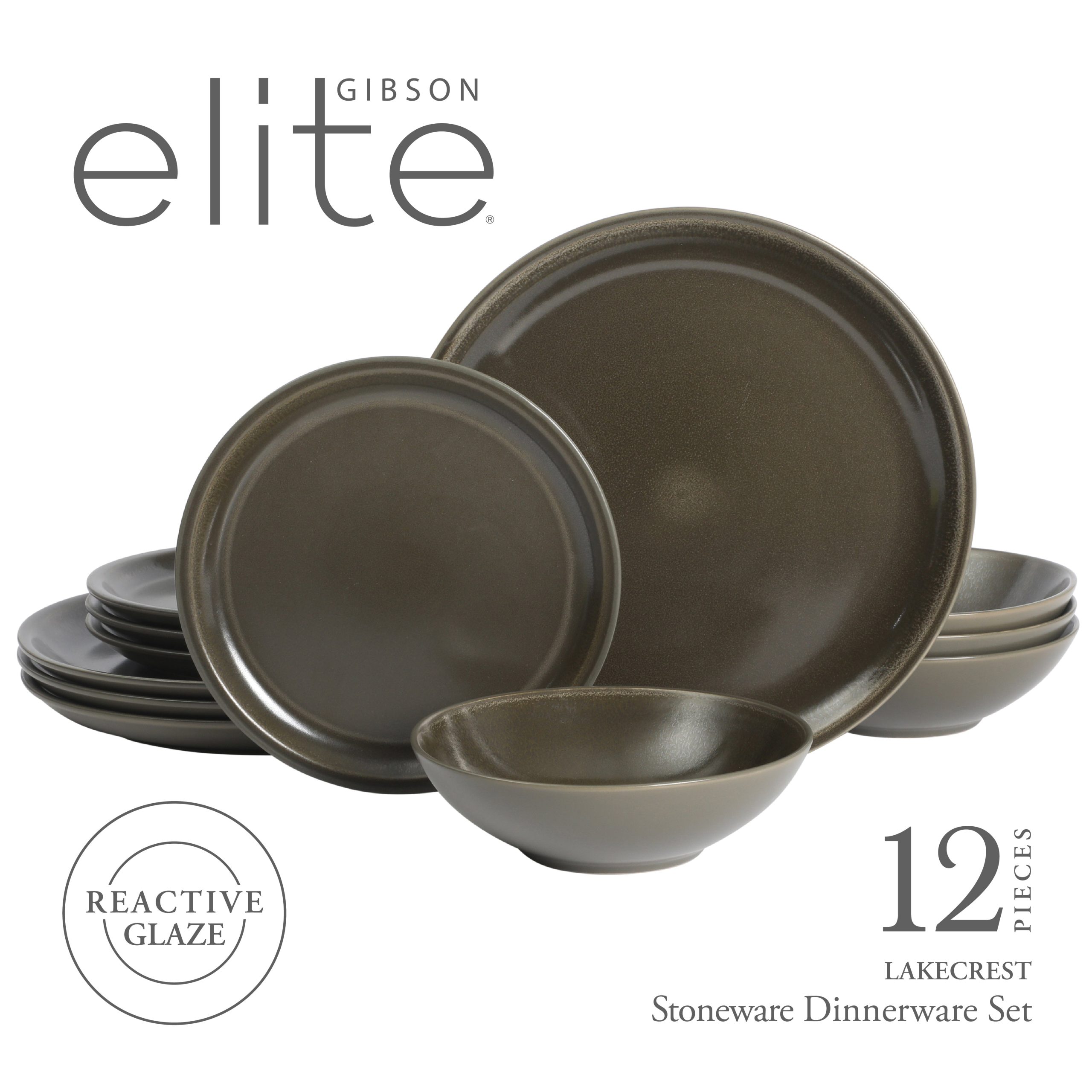 Gibson Elite 12 Piece (Service for 4) Lakecrest Plates and Bowls Reactive Glaze Round Dishes Stoneware Ceramic Dinnerware Set - Dark Green - Image 2