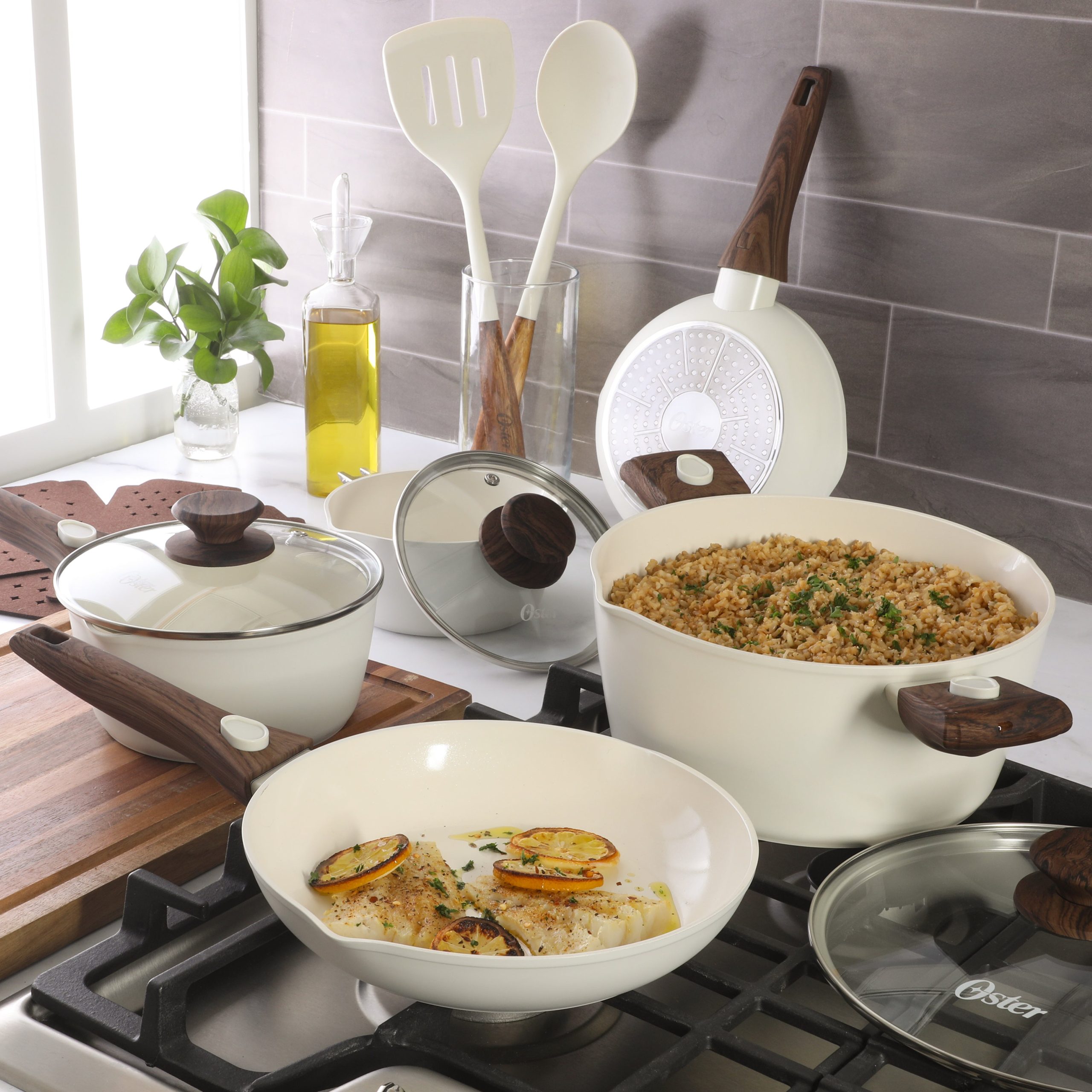 Oster SmartHandle Advance 18-Piece Ceramic Nonstick Cookware Set – Matte Linen Finish, Induction Base, Detachable Wood-Look Handles, Oven & Dishwasher Safe Pots and Pans, With Utensils & Pan Protectors - Image 2