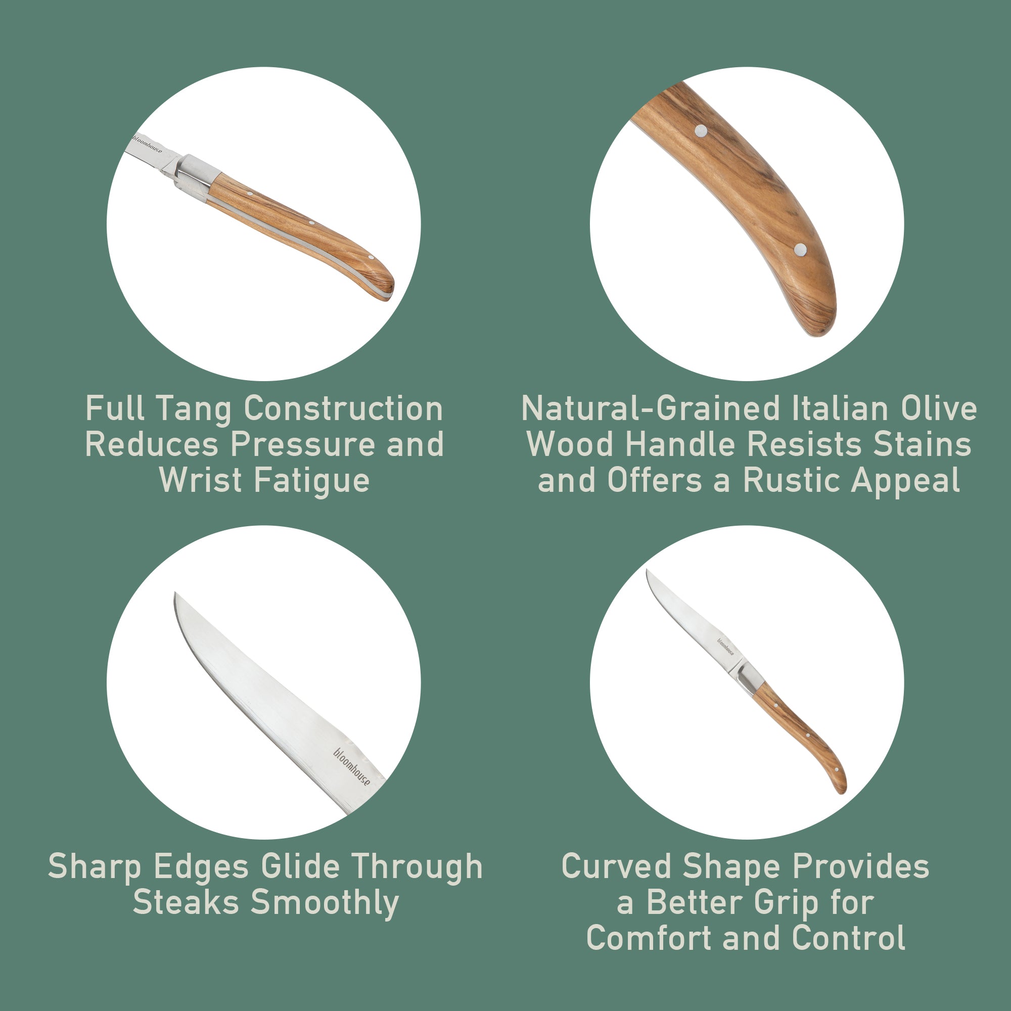 Bloomhouse 4-Piece German Stainless Steel Steak Knife Set – Premium Olive Wood Handle Steak Knives, Full-Tang Blades for Dining - Image 4