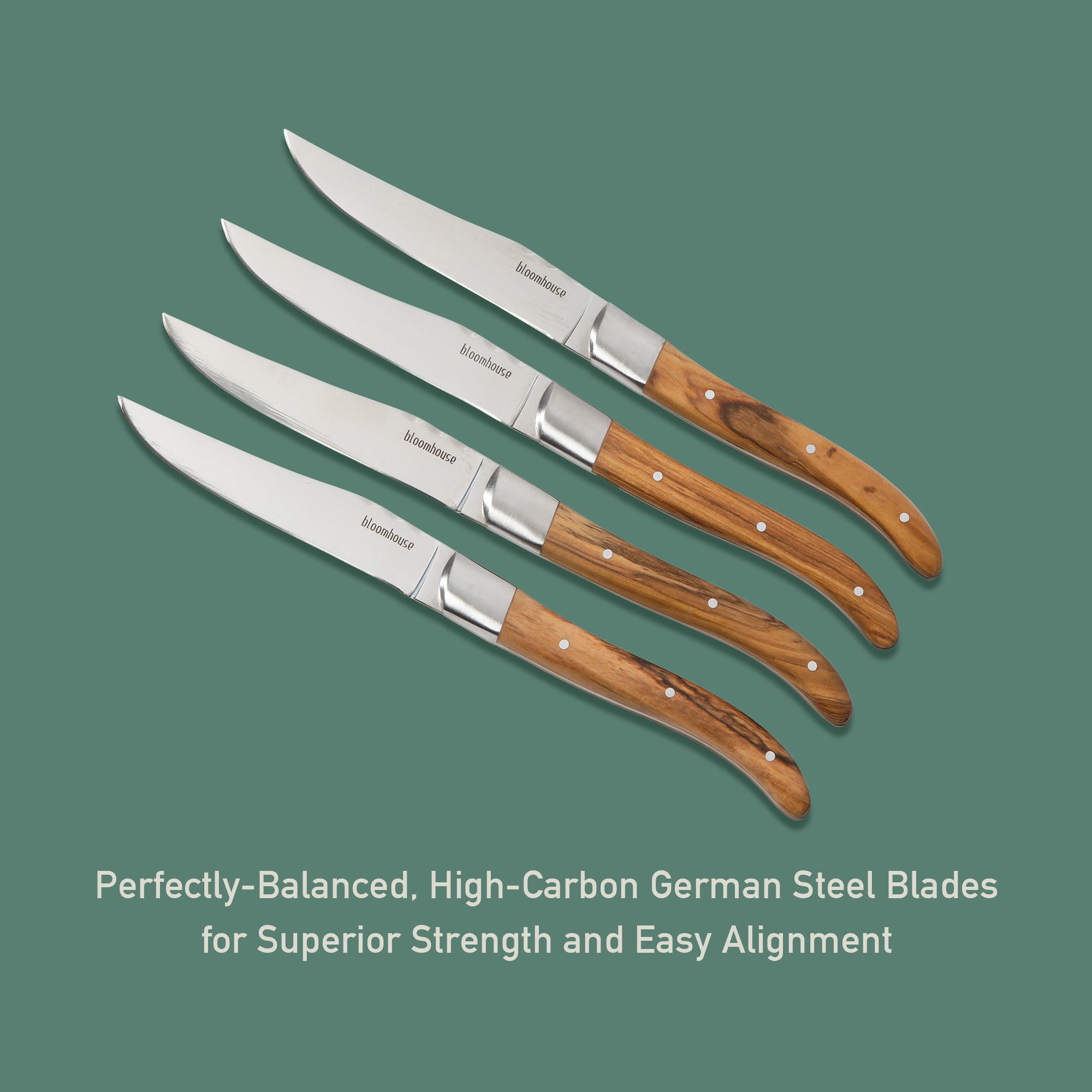 Bloomhouse 4-Piece German Stainless Steel Steak Knife Set – Premium Olive Wood Handle Steak Knives, Full-Tang Blades for Dining - Image 5