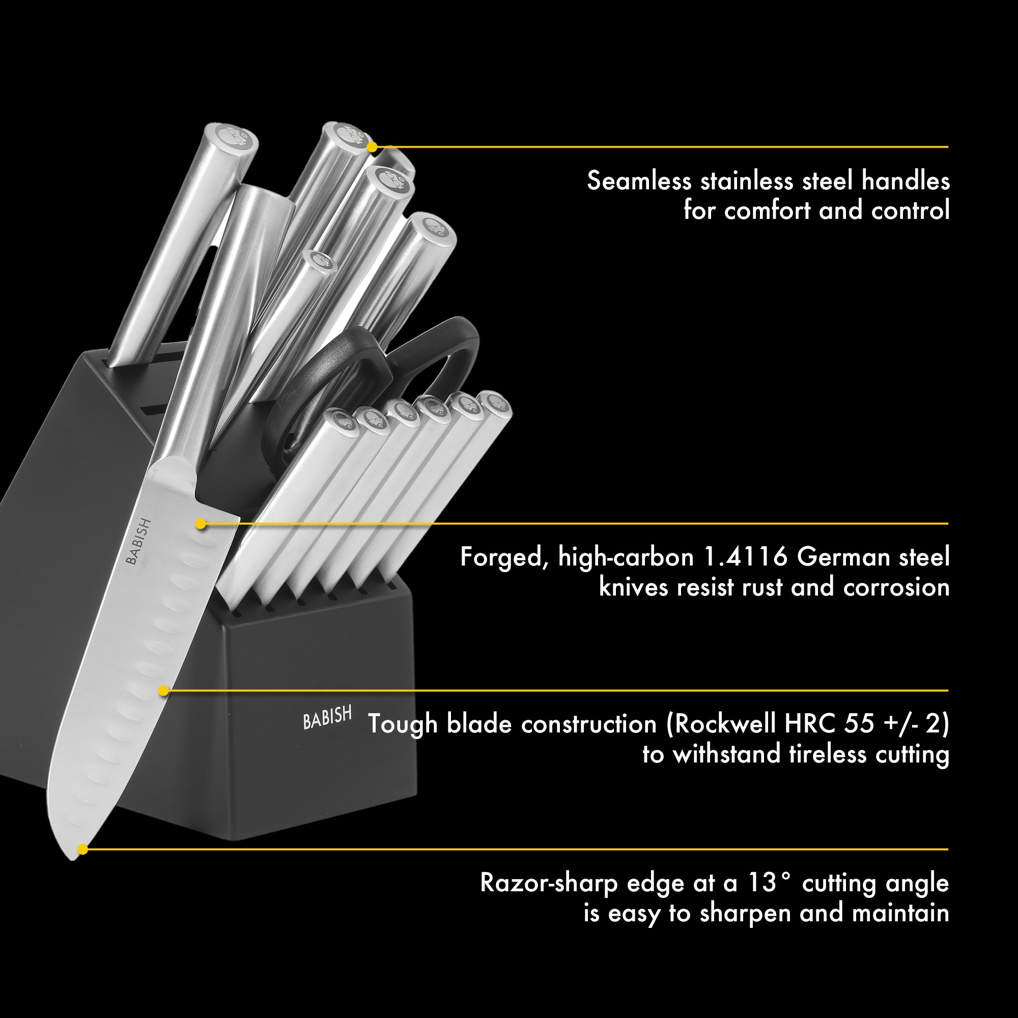 Babish High-Carbon 1.4116 German Steel 15 Piece Full Tang Forged Cutlery Kitchen Knife Block Set - Stainless Steel - Image 3