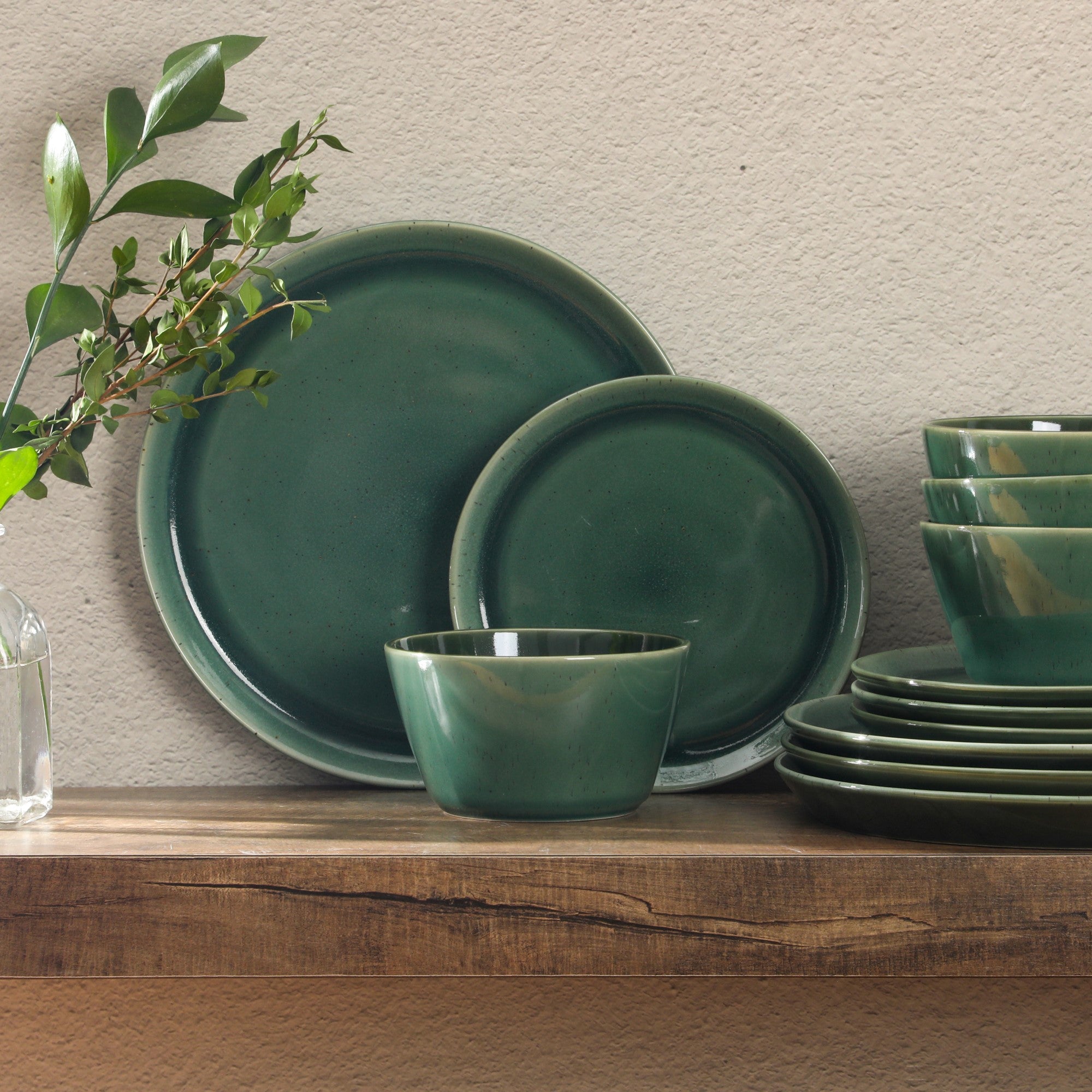 Gibson Elite 12 Piece (Service for 4) Fern Canyon Plates and Bowls Reactive Glaze Modern Coupe Round Dishes Stoneware Ceramic Dinnerware Set - Glossy Green - Image 2
