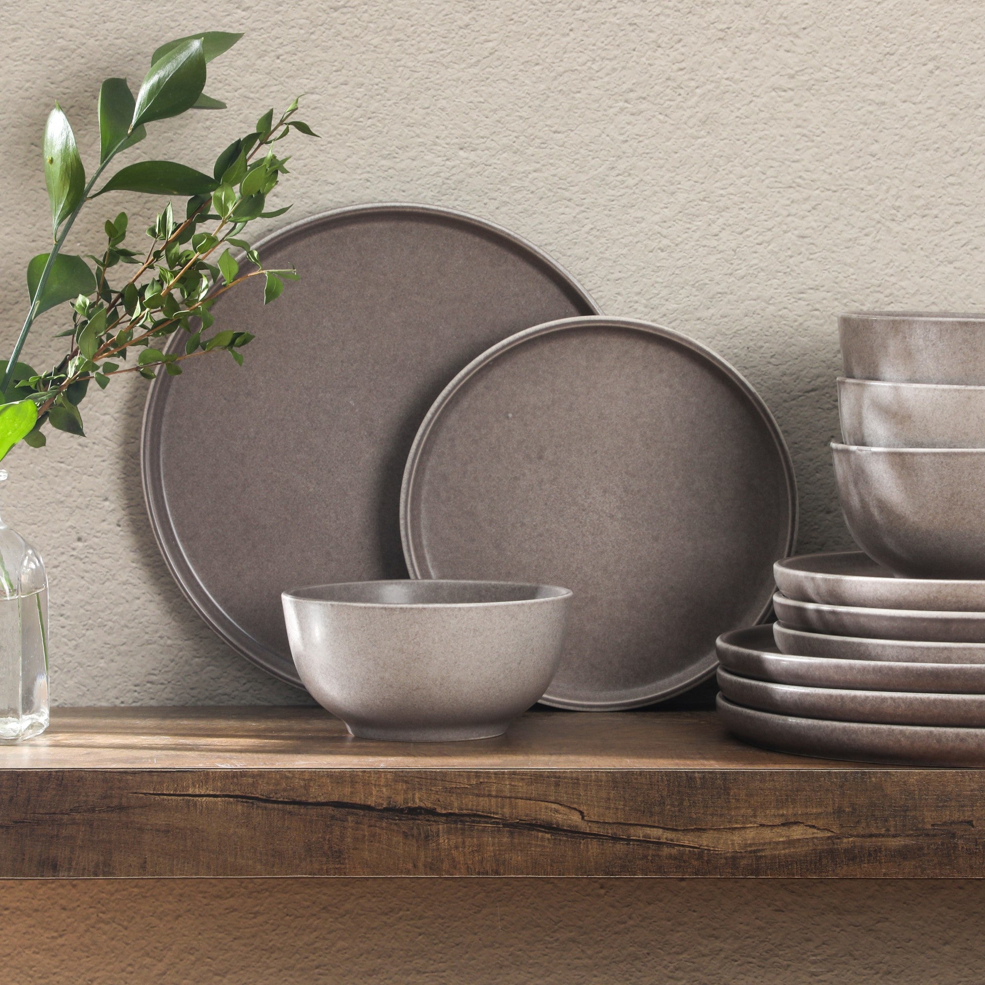 Gibson Elite Eden Rock 12-Piece (Service for 4) Plates and Bowls reactive Glaze Round Dishes Stoneware Ceramic Dinnerware Set - Matte Brown - Image 2